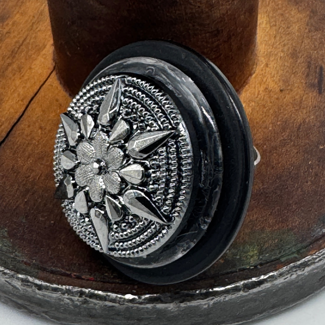 Gunmetal, Clear, and Black Flower Star Vintage Button Vault Cocktail Ring