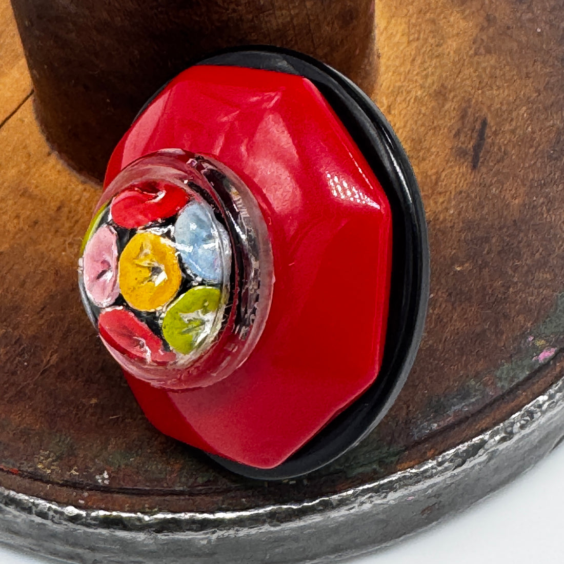 Multicolored Dot on Red Vintage Button Vault Cocktail Ring