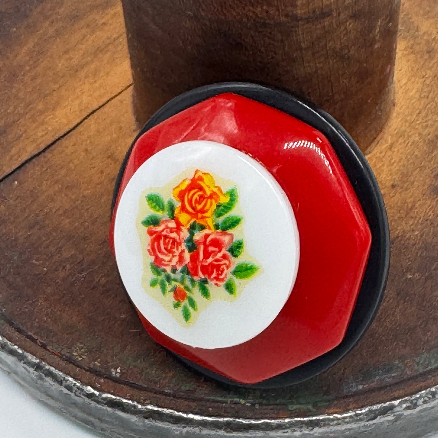 Roses on Red Vintage Button Vault Cocktail Ring