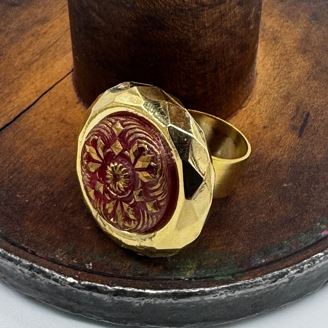 Faceted Gold and Red Vintage Button Vault Cocktail Ring