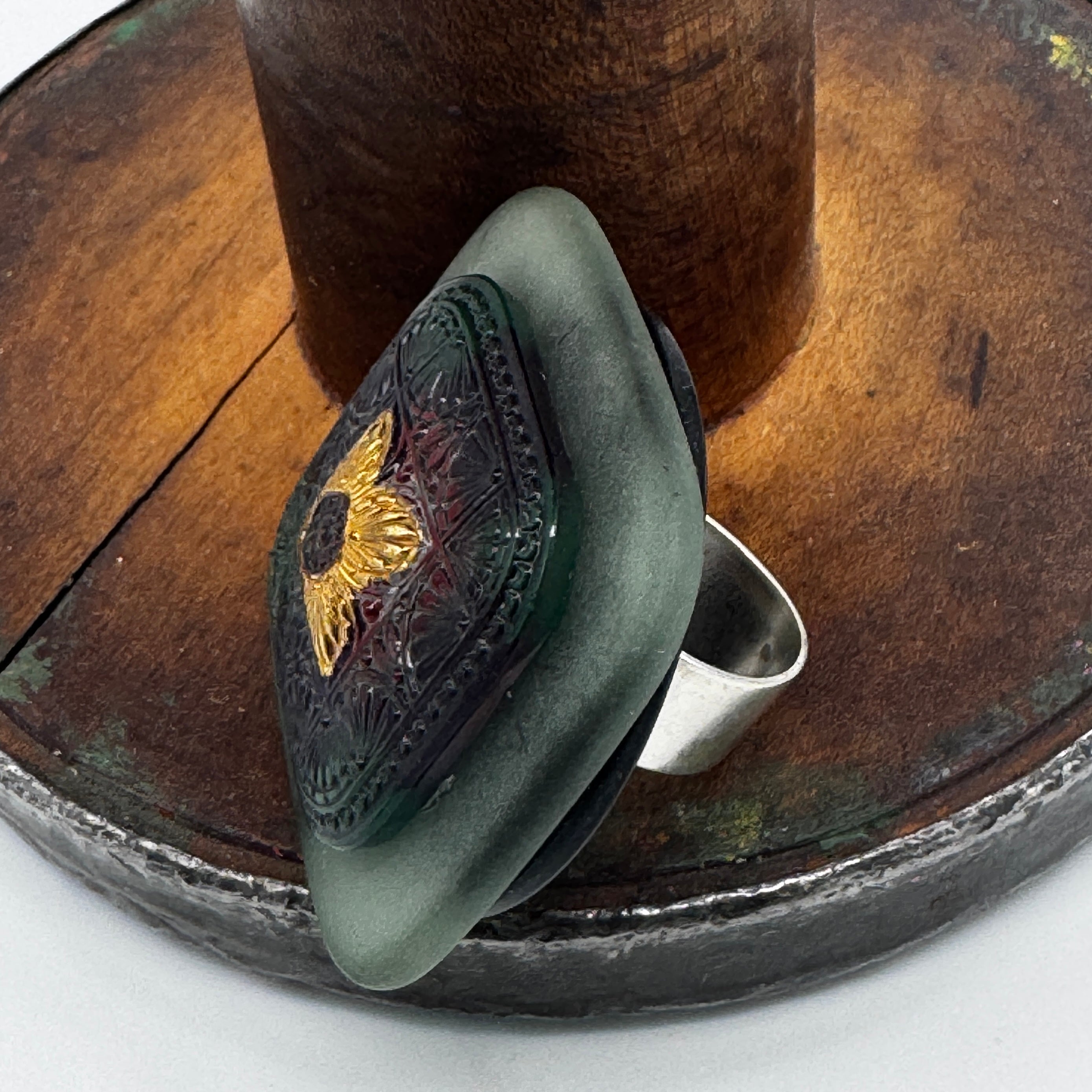 Gray Square Vintage Button Vault Cocktail Ring