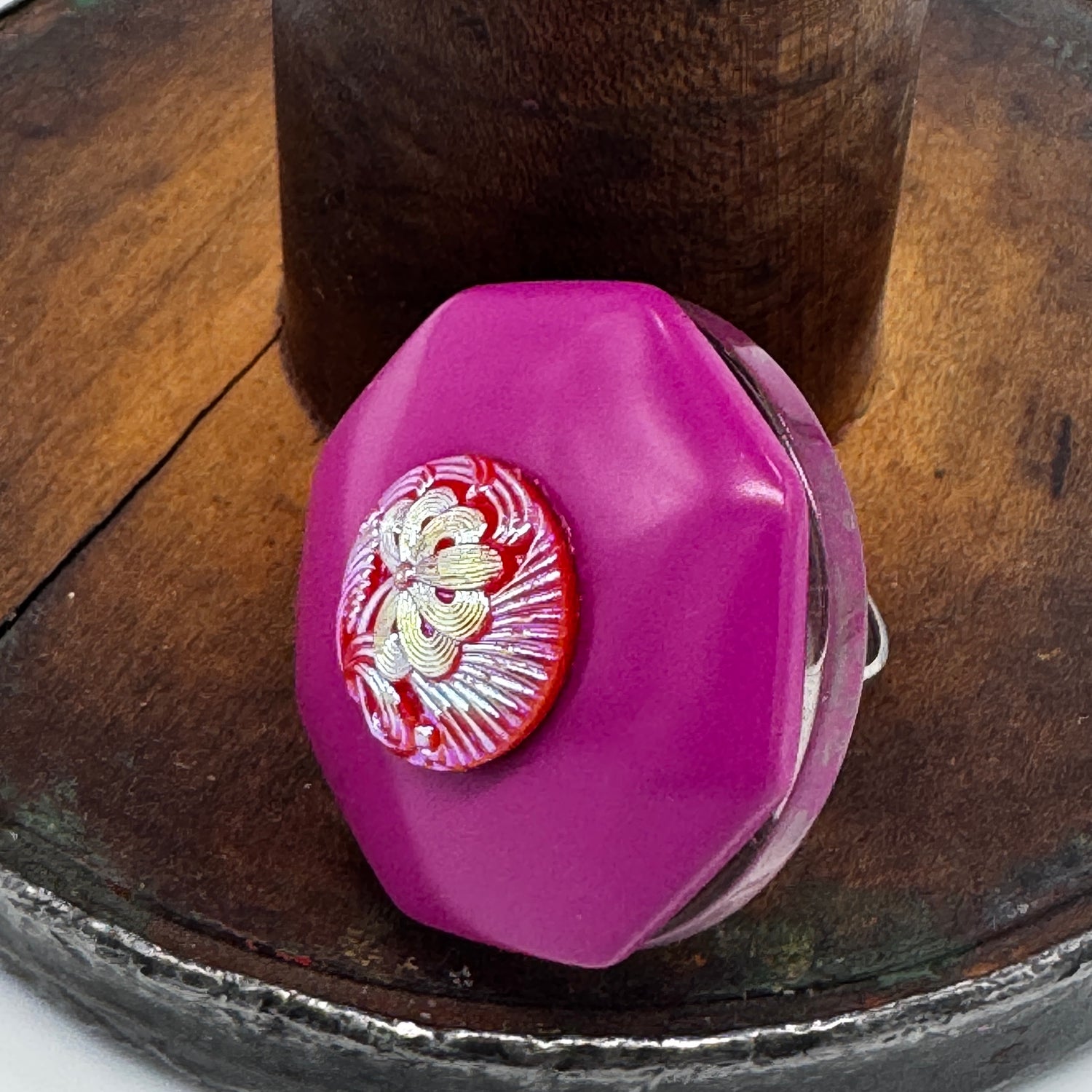 Red Flower on Hot Pink Vintage Button Vault Cocktail Ring