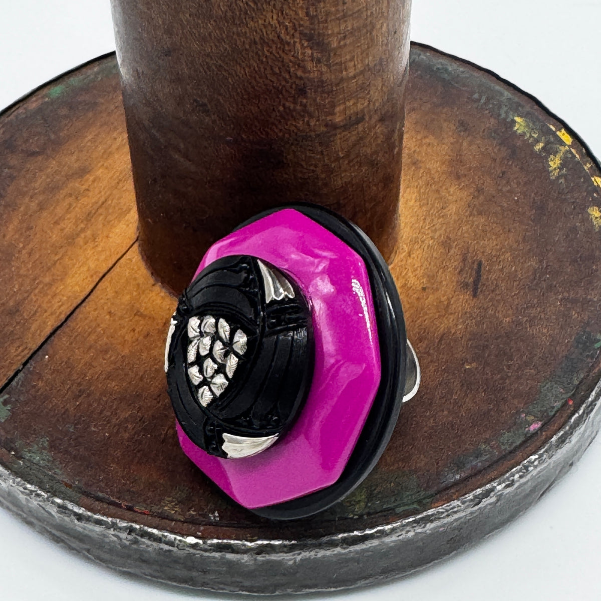 Black and Hot Pink Vintage Button Vault Cocktail Ring
