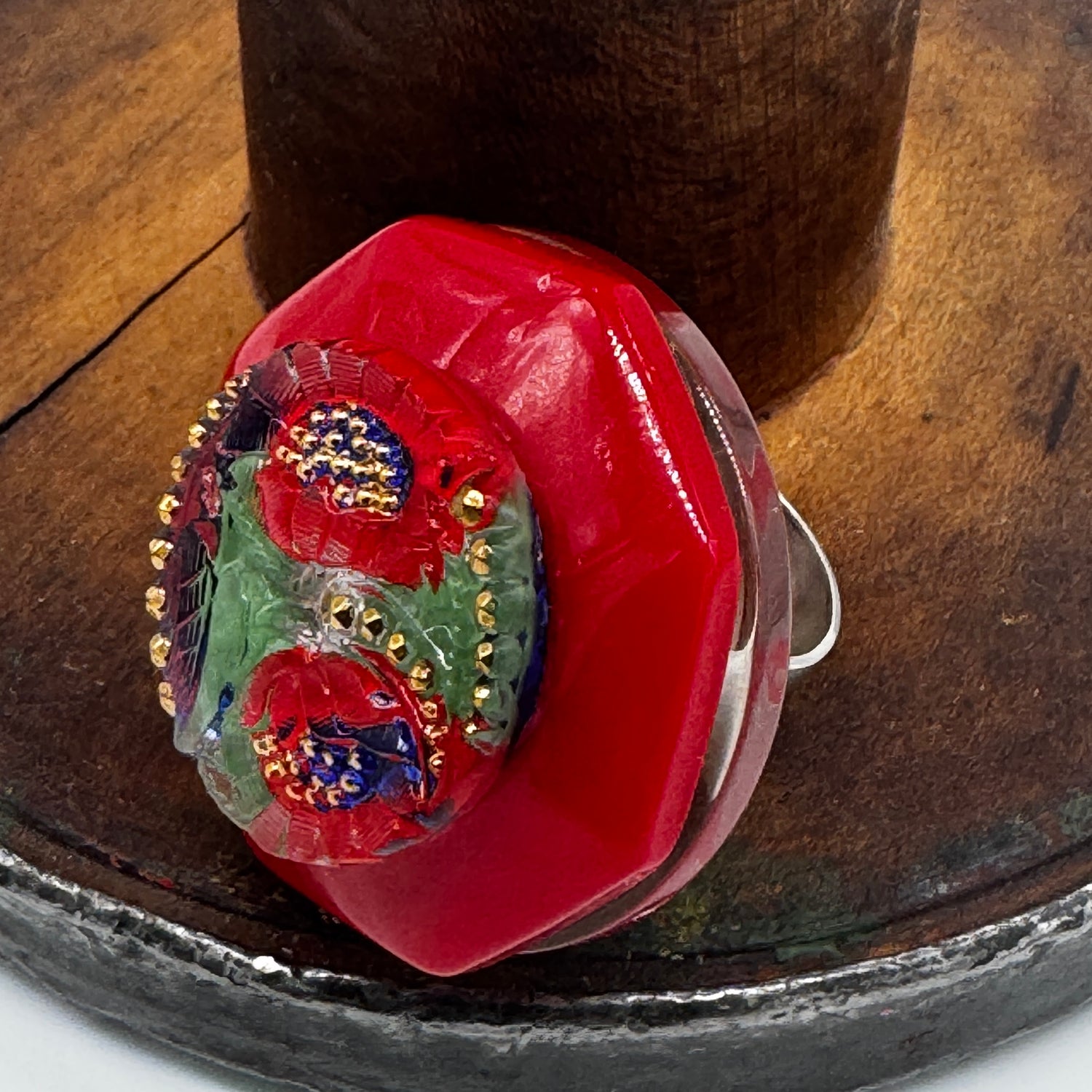 Poppies on Red Vintage Button Vault Cocktail Ring