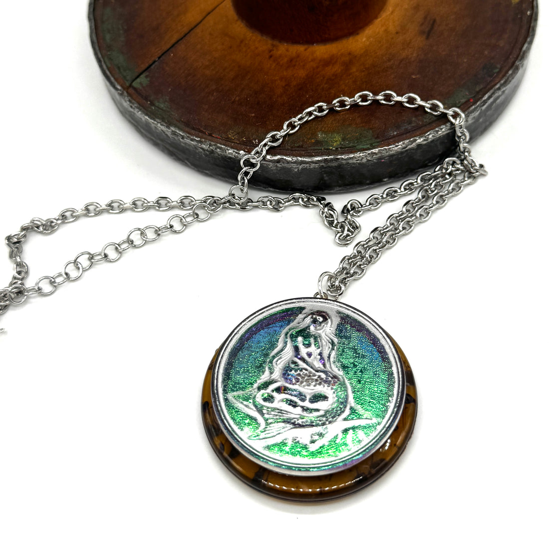 Silver Rainbow Mermaid on Tortoise Vintage Button Vault Necklace - 16" + 6"