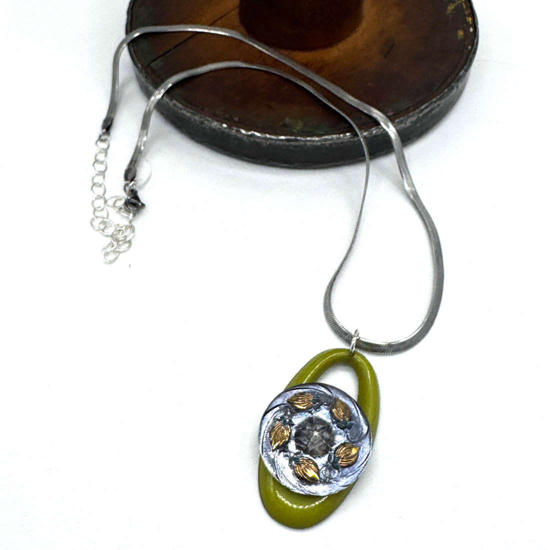 Metallic Buds on Olive Oval Vintage Button Vault Necklace - Shortie