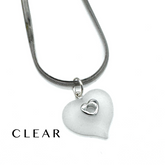 A silver snake chain necklace with a frosted clear heart-shaped pendant featuring a small silver heart in the center, shown on a white background with the word &