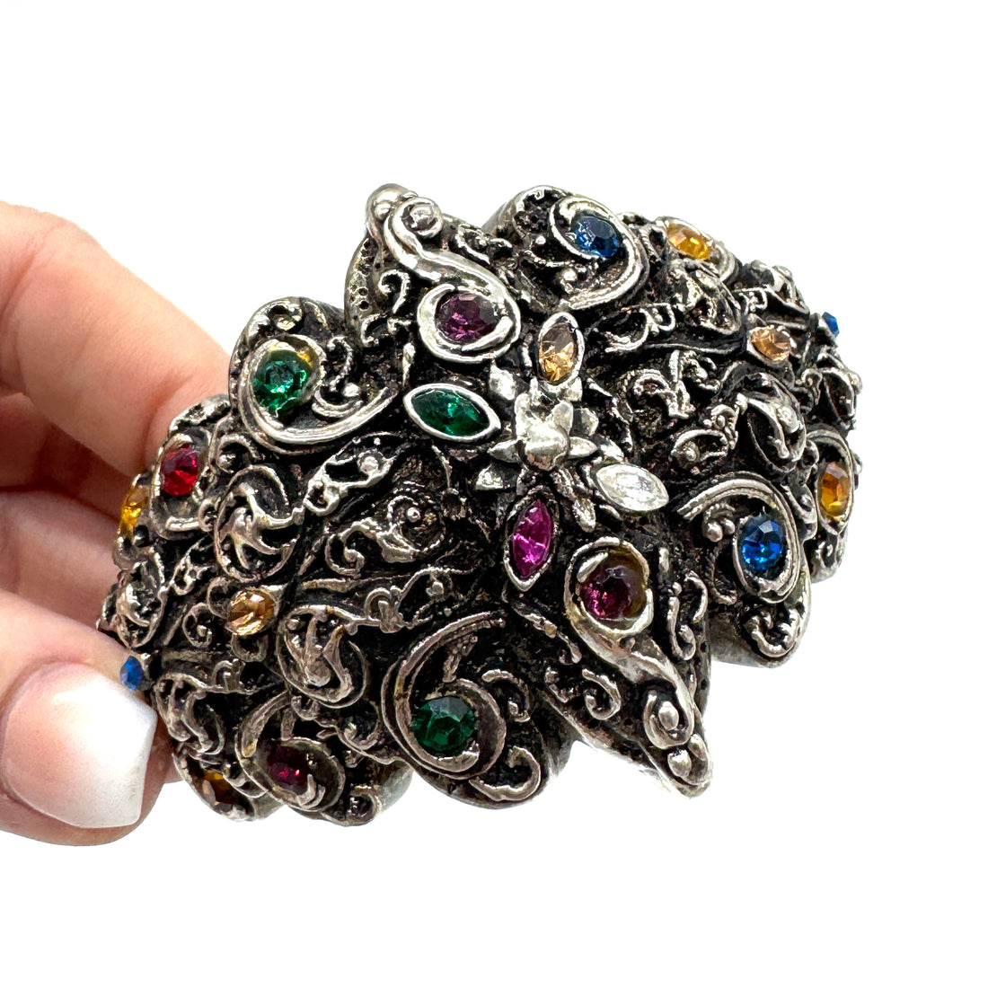 Ornate Cast Cuff Bracelet with Crystals