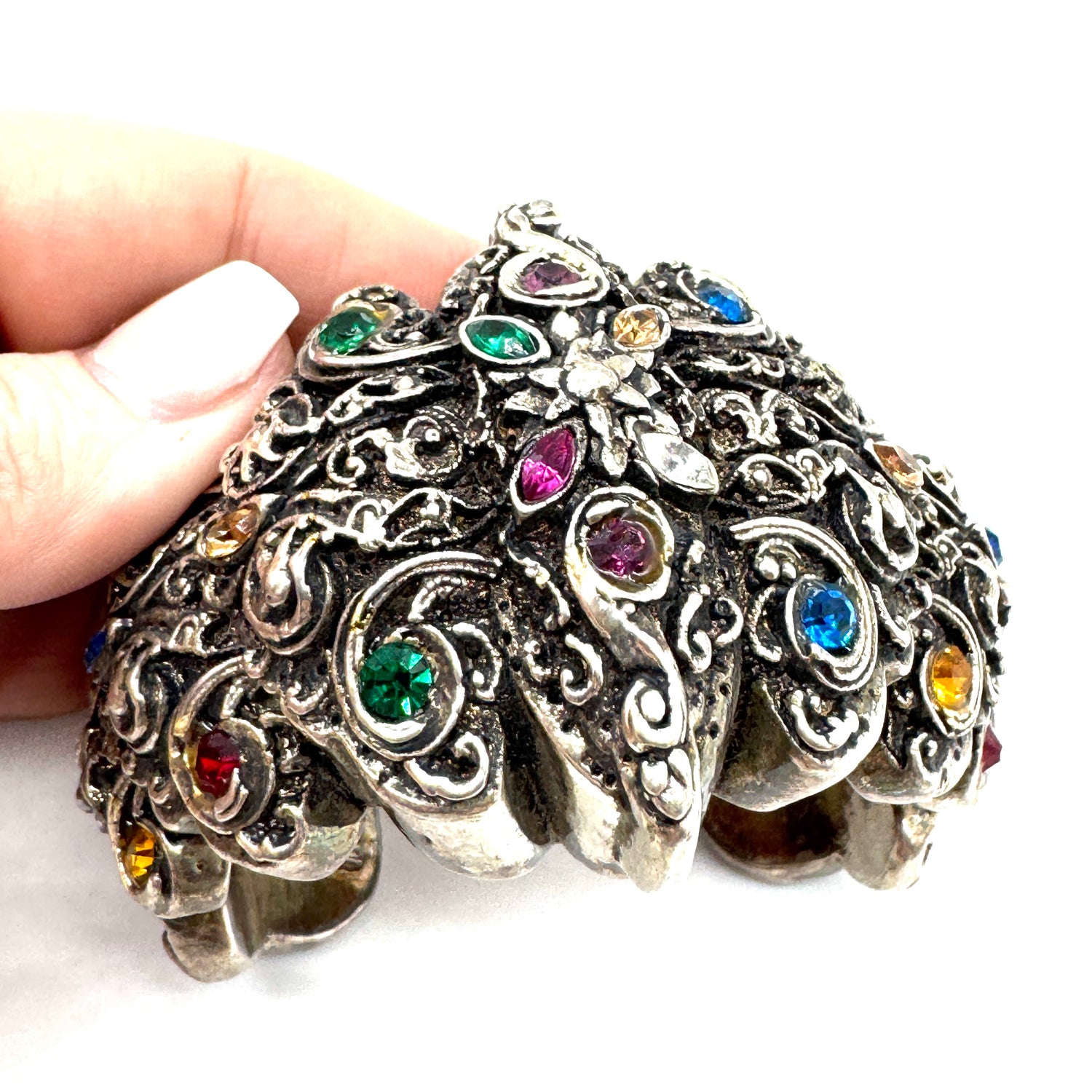 Ornate Cast Cuff Bracelet with Crystals