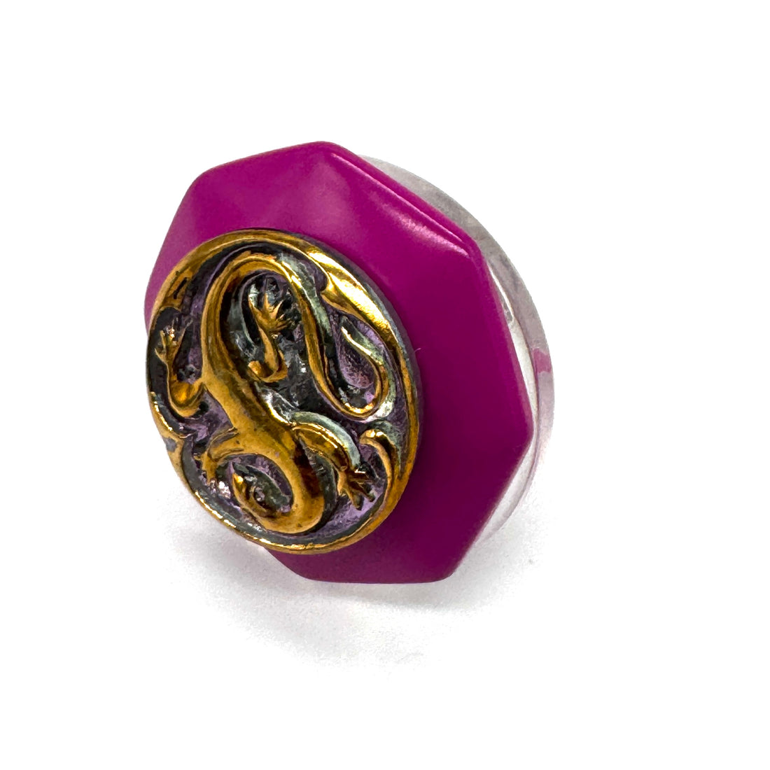 Golden Lizard on Fuchsia Vintage Button Vault Cocktail Ring