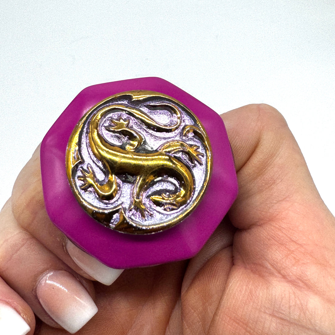 Golden Lizard on Fuchsia Vintage Button Vault Cocktail Ring