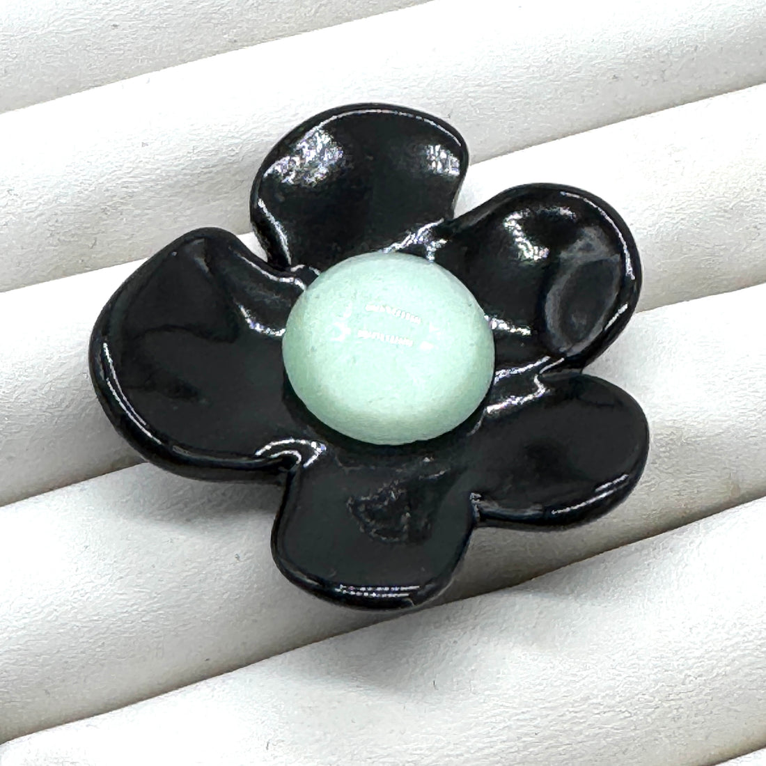 Black Coco Flower Cocktail Ring — Mint Green Center