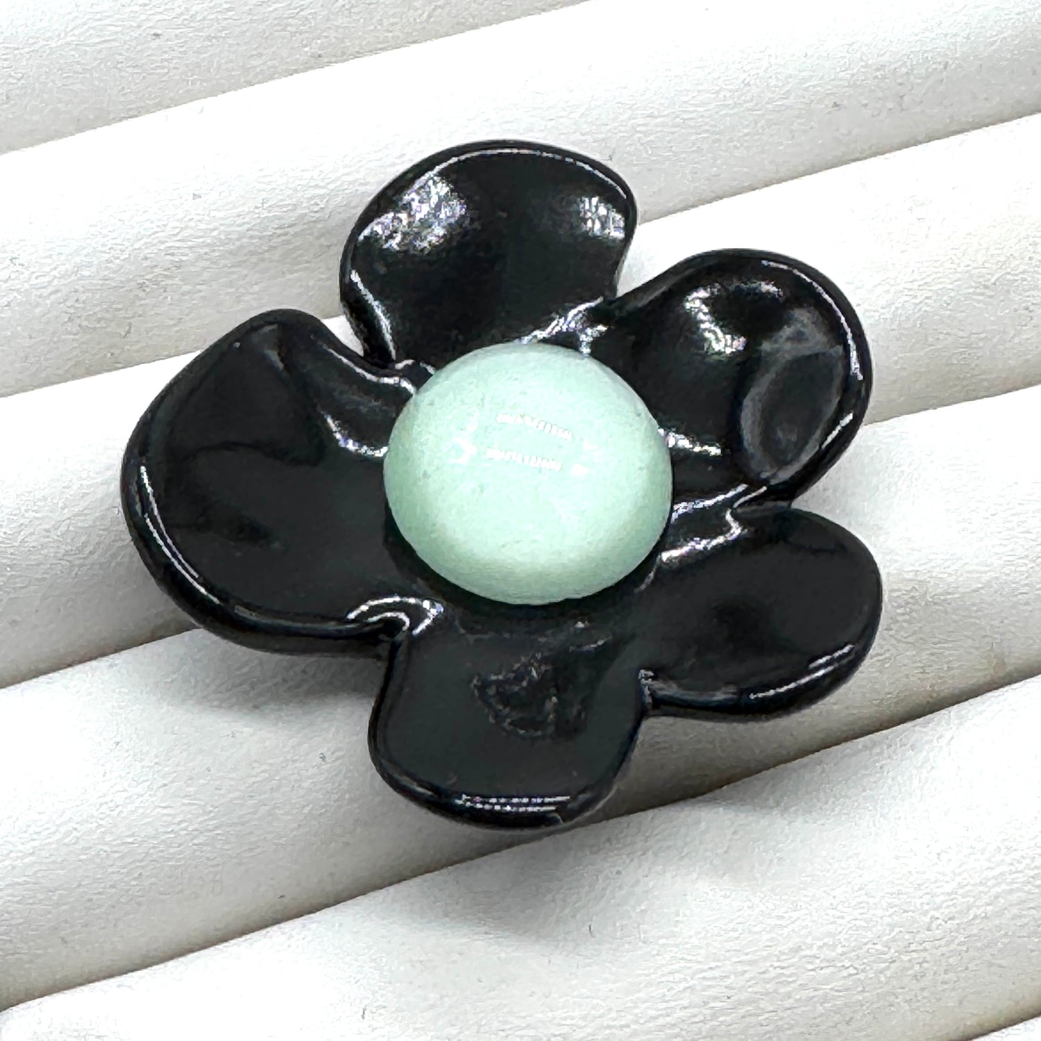 Black Coco Flower Cocktail Ring — Mint Green Center
