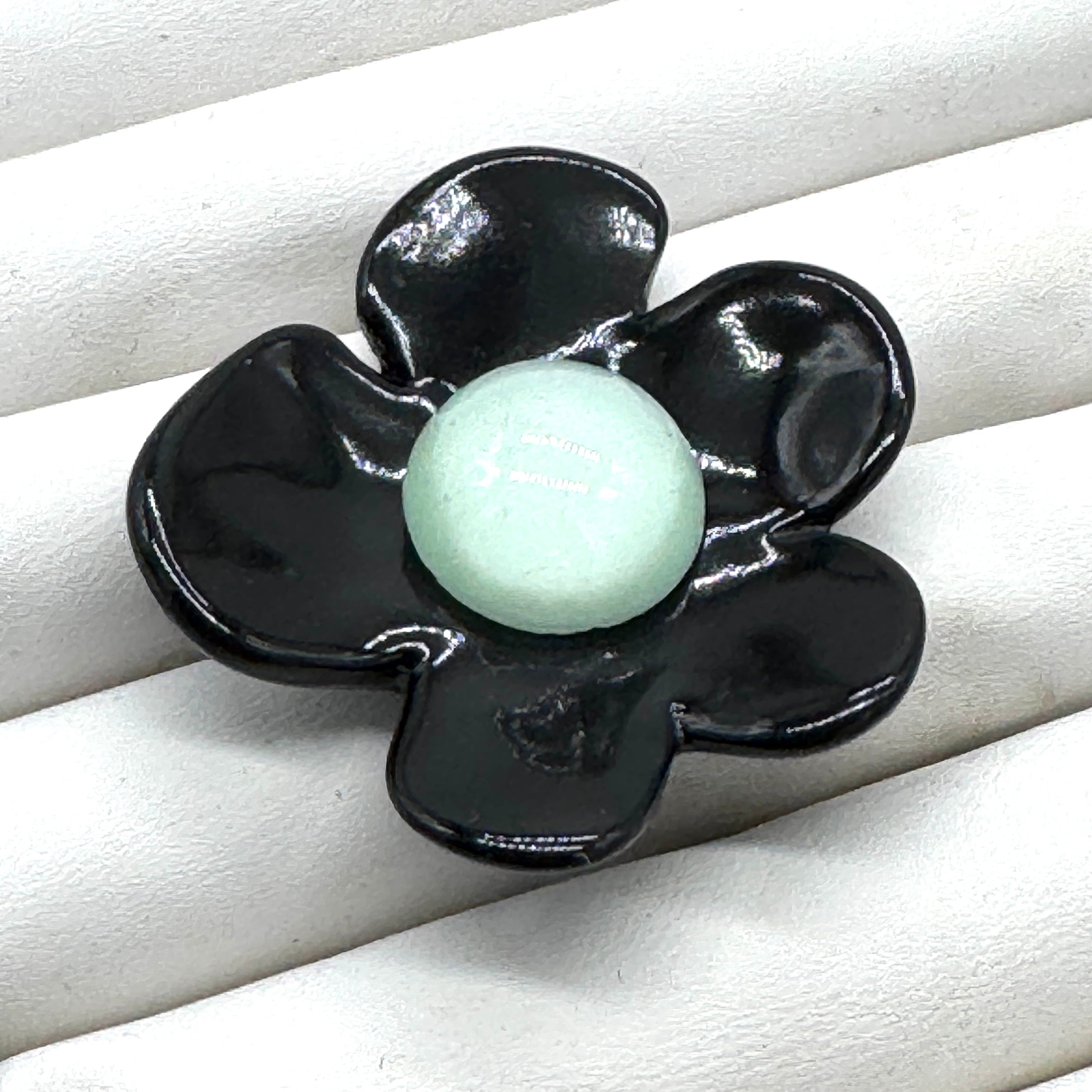 Black Coco Flower Cocktail Ring — Mint Green Center