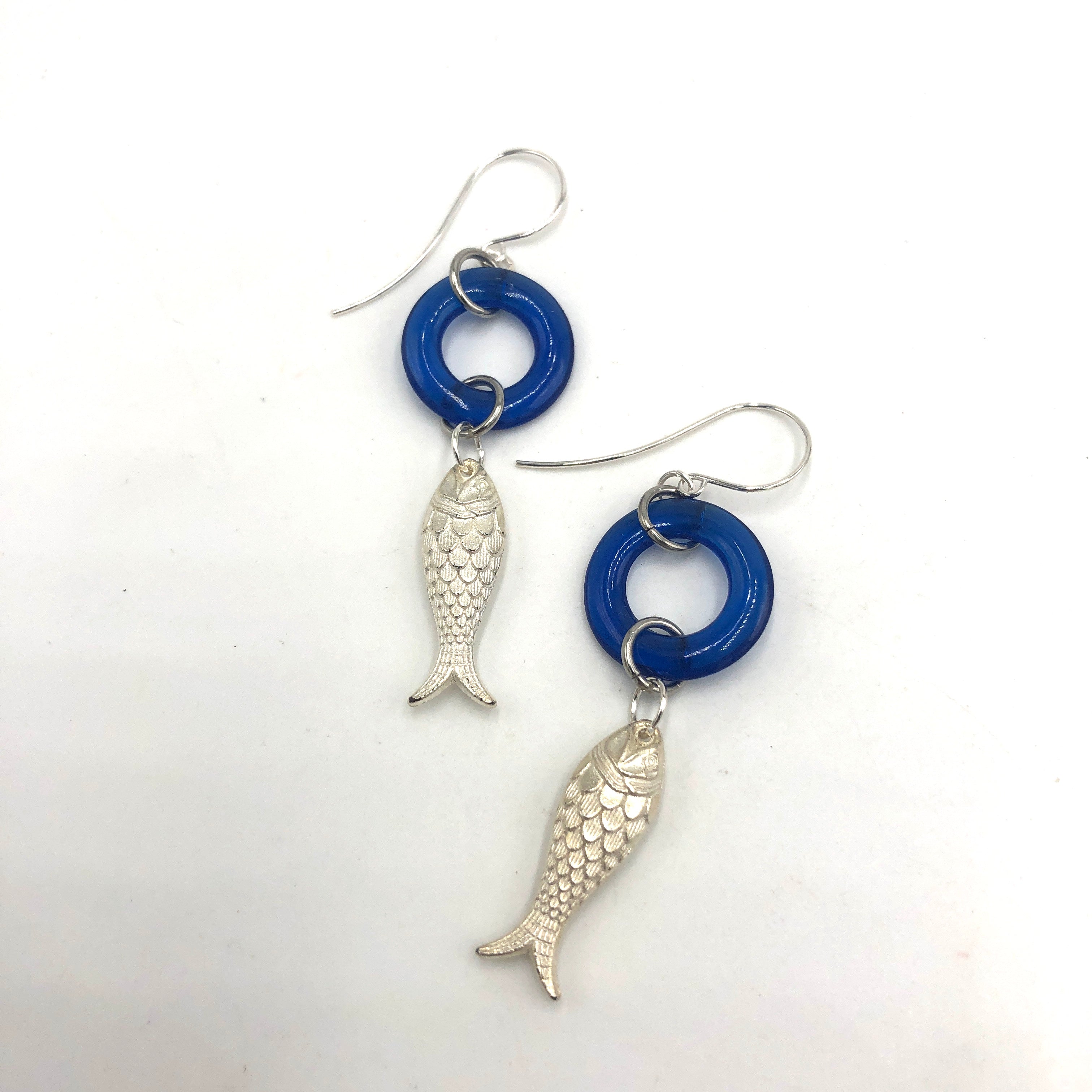 Silver &amp; Blue Fish A Lure-Ing Earrings