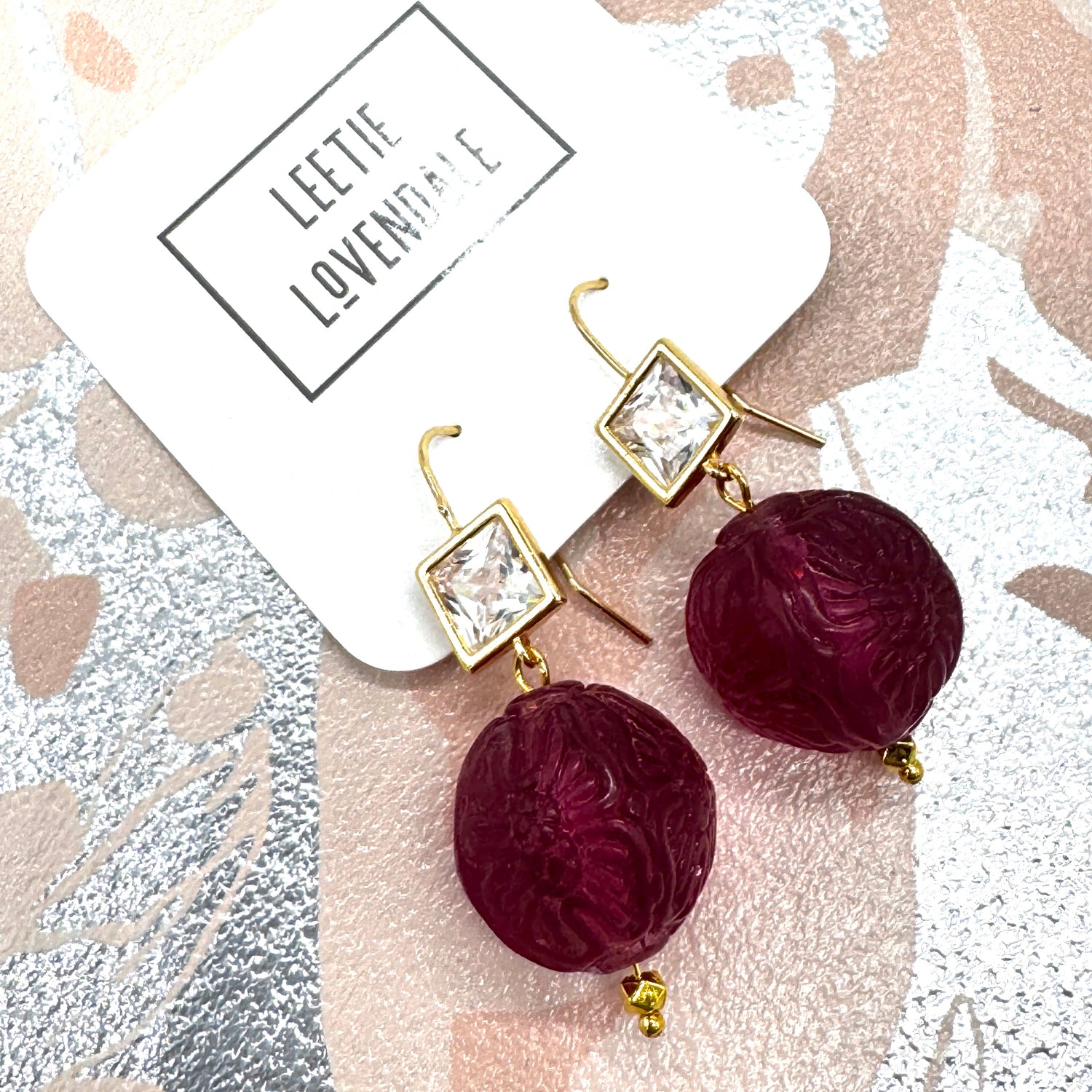Cranberry Carved Crystal Earrings