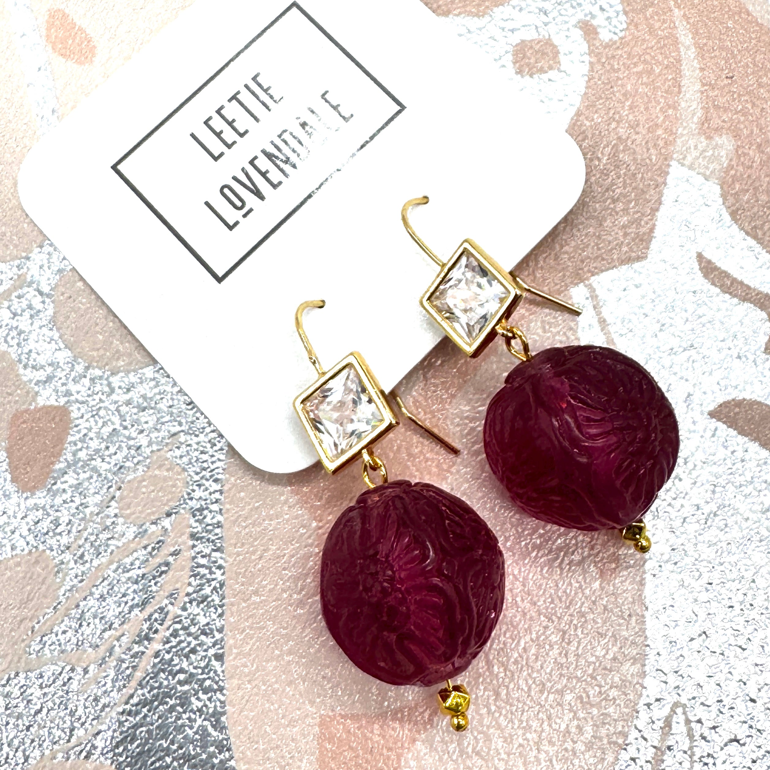 Cranberry Carved Crystal Earrings