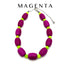 Necklace with magenta and green beads on a white background, featuring the word &