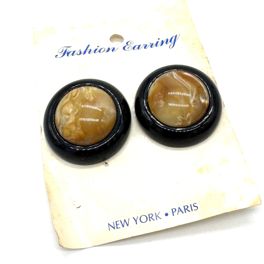 Beige Marbled Italian Clip On Button Earrings - vintage deadstock