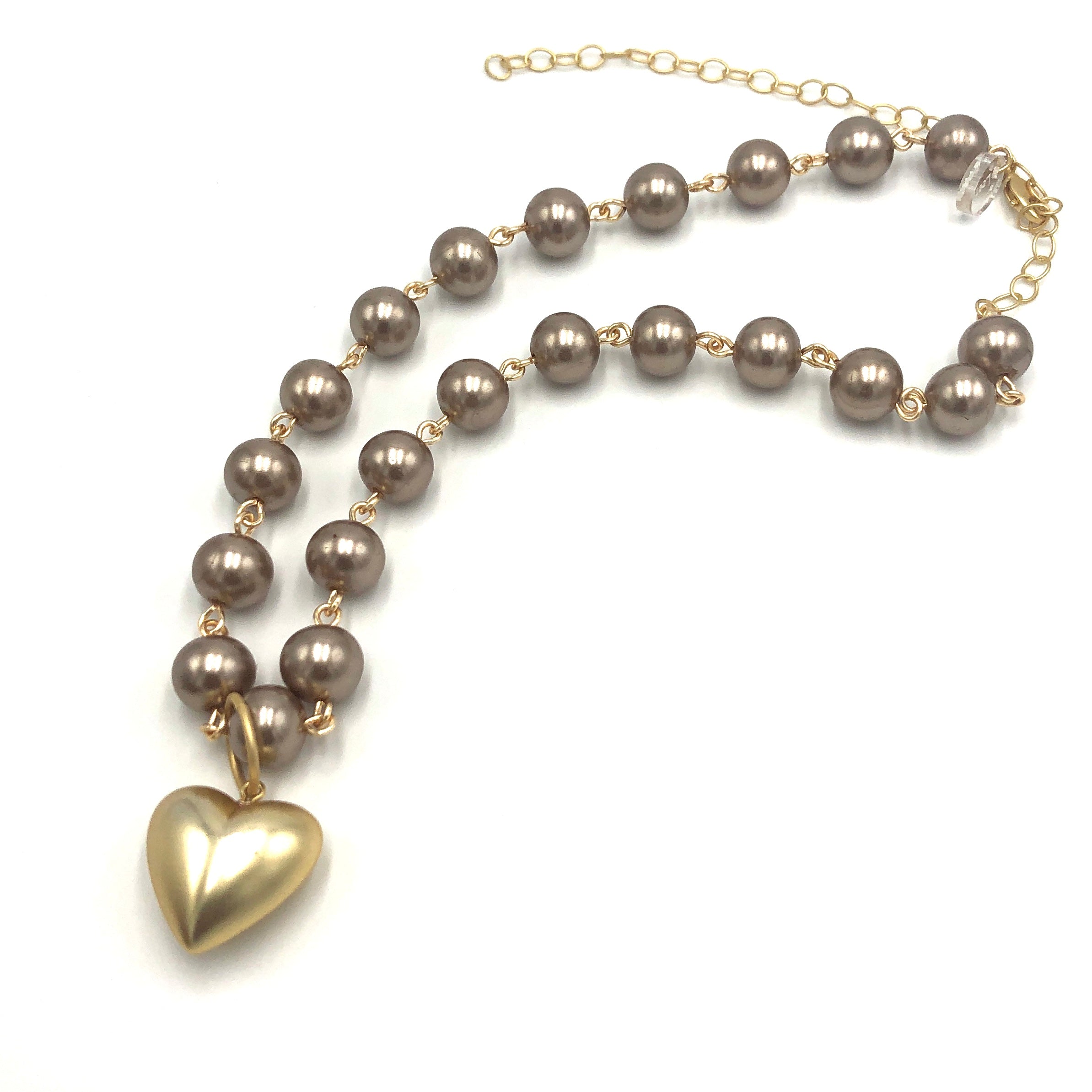Taupe Glass Pearls &amp; Gold Heart Necklace