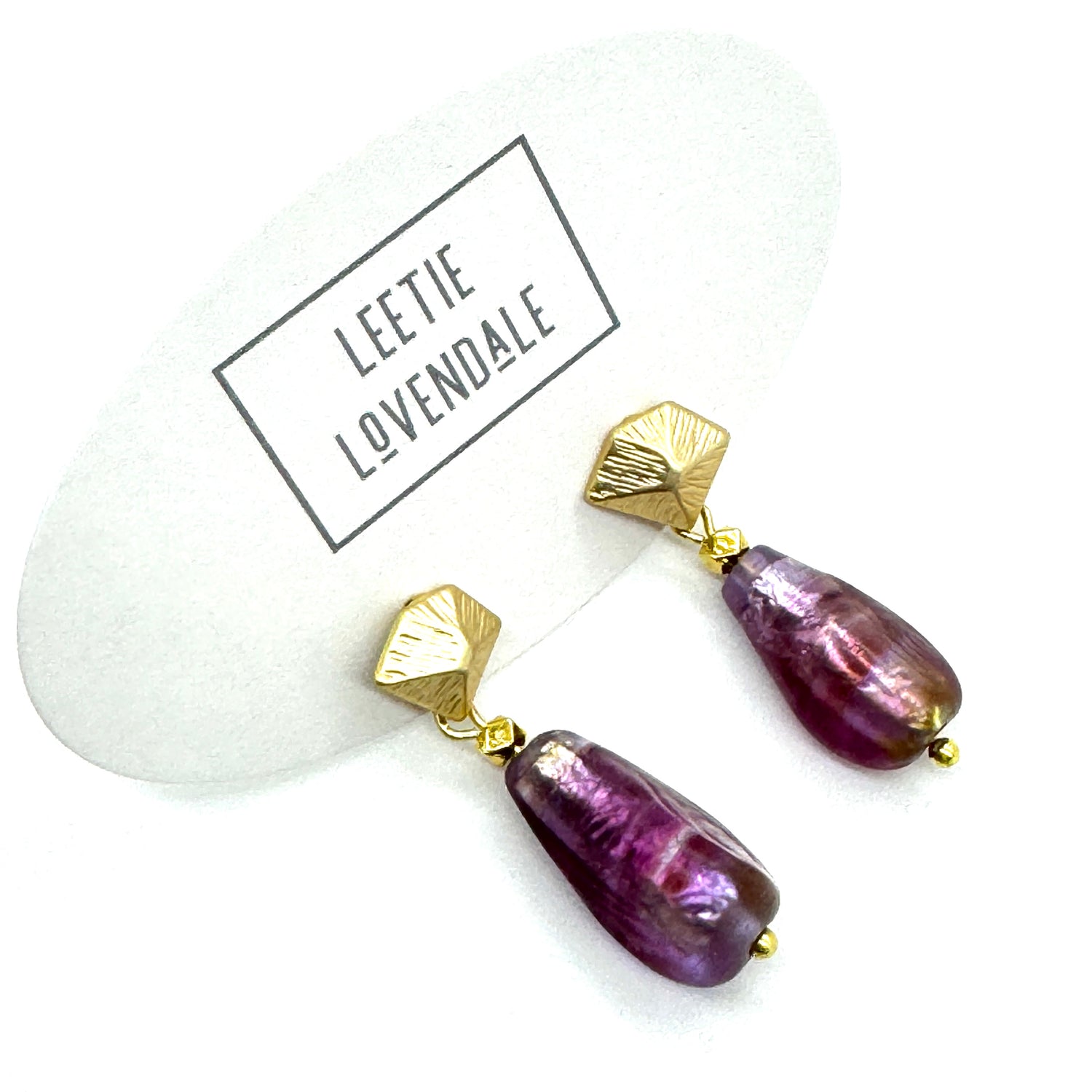 Deep Fuschia &amp; Faceted Gold French Foil Glass Earrings