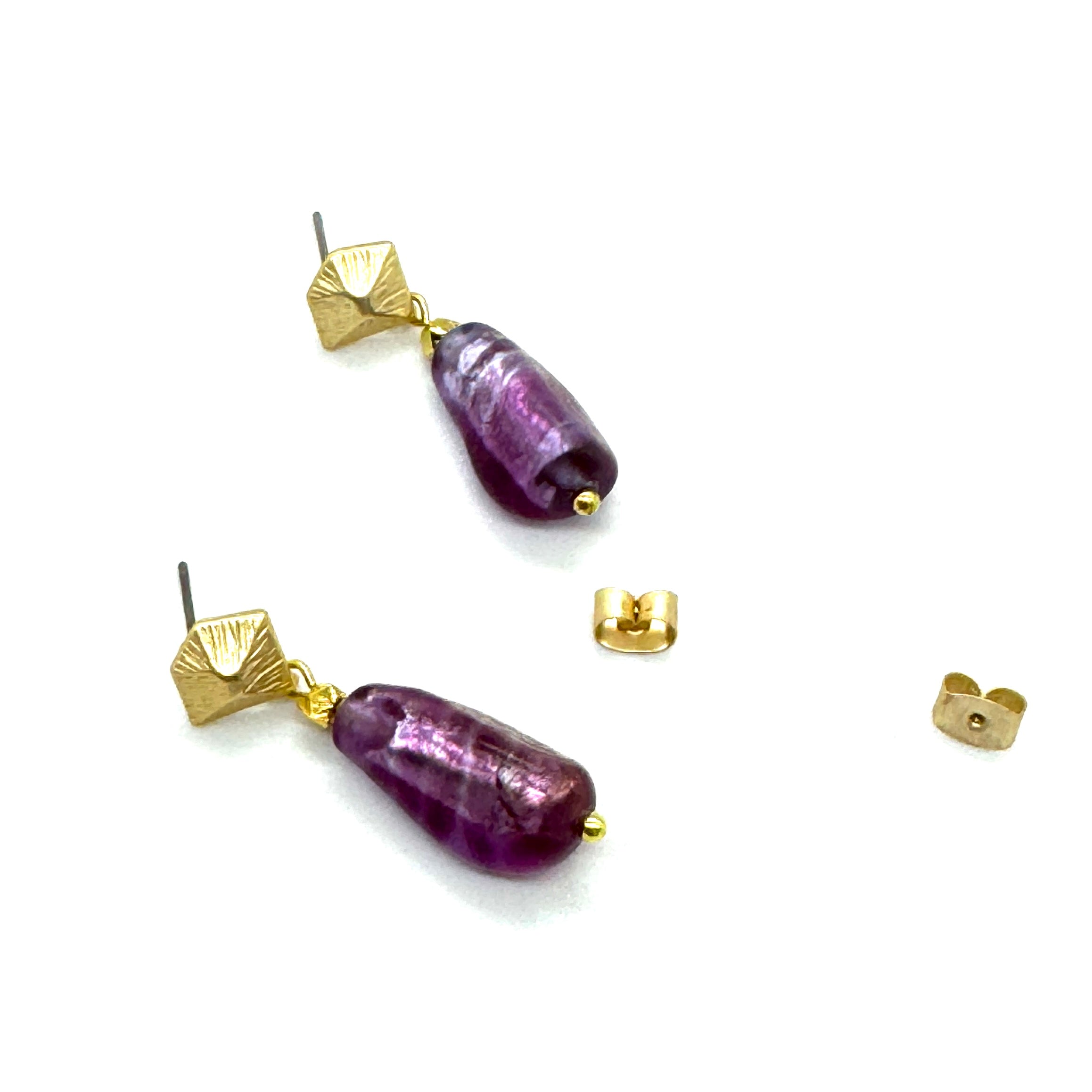 Deep Fuschia &amp; Faceted Gold French Foil Glass Earrings