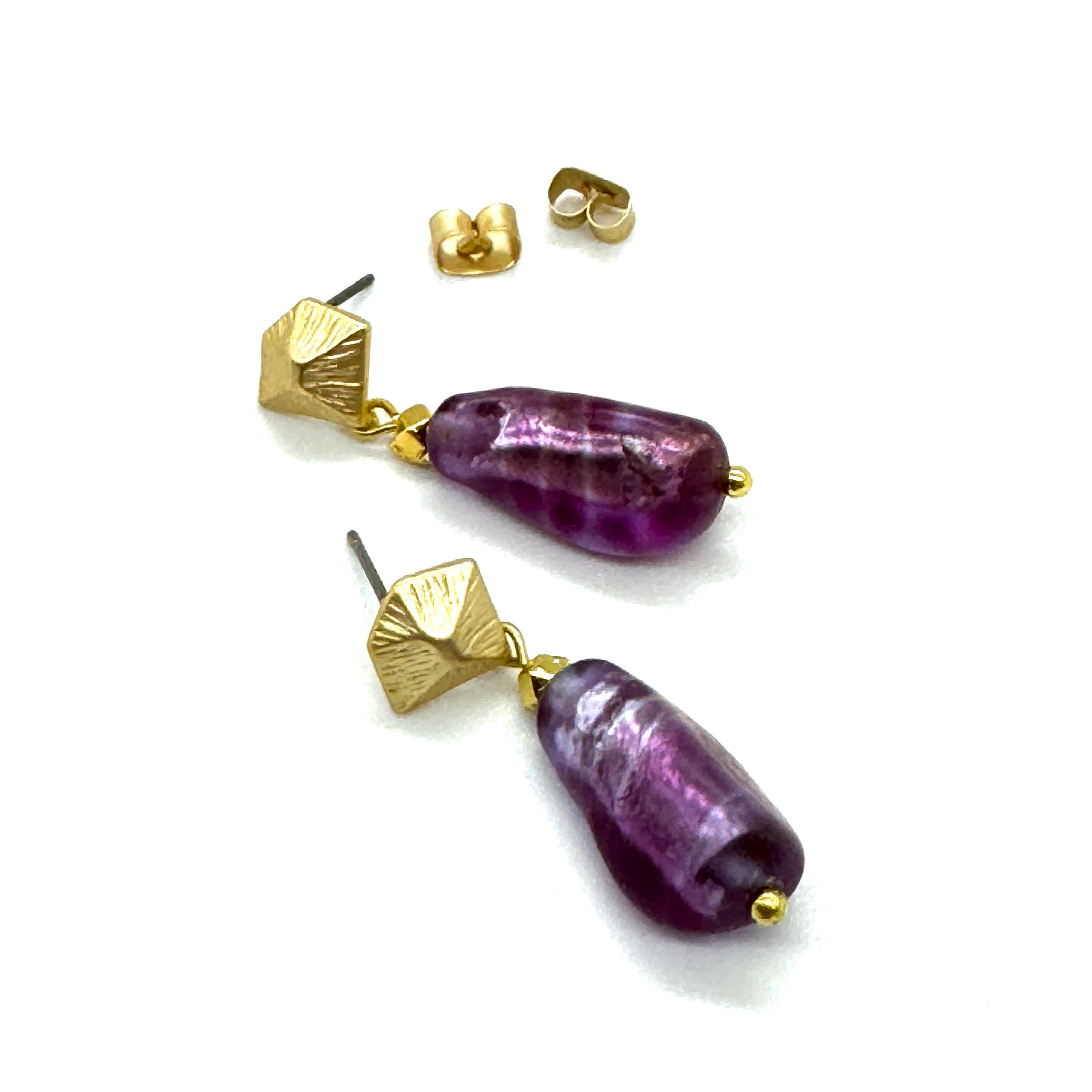 Deep Fuschia &amp; Faceted Gold French Foil Glass Earrings