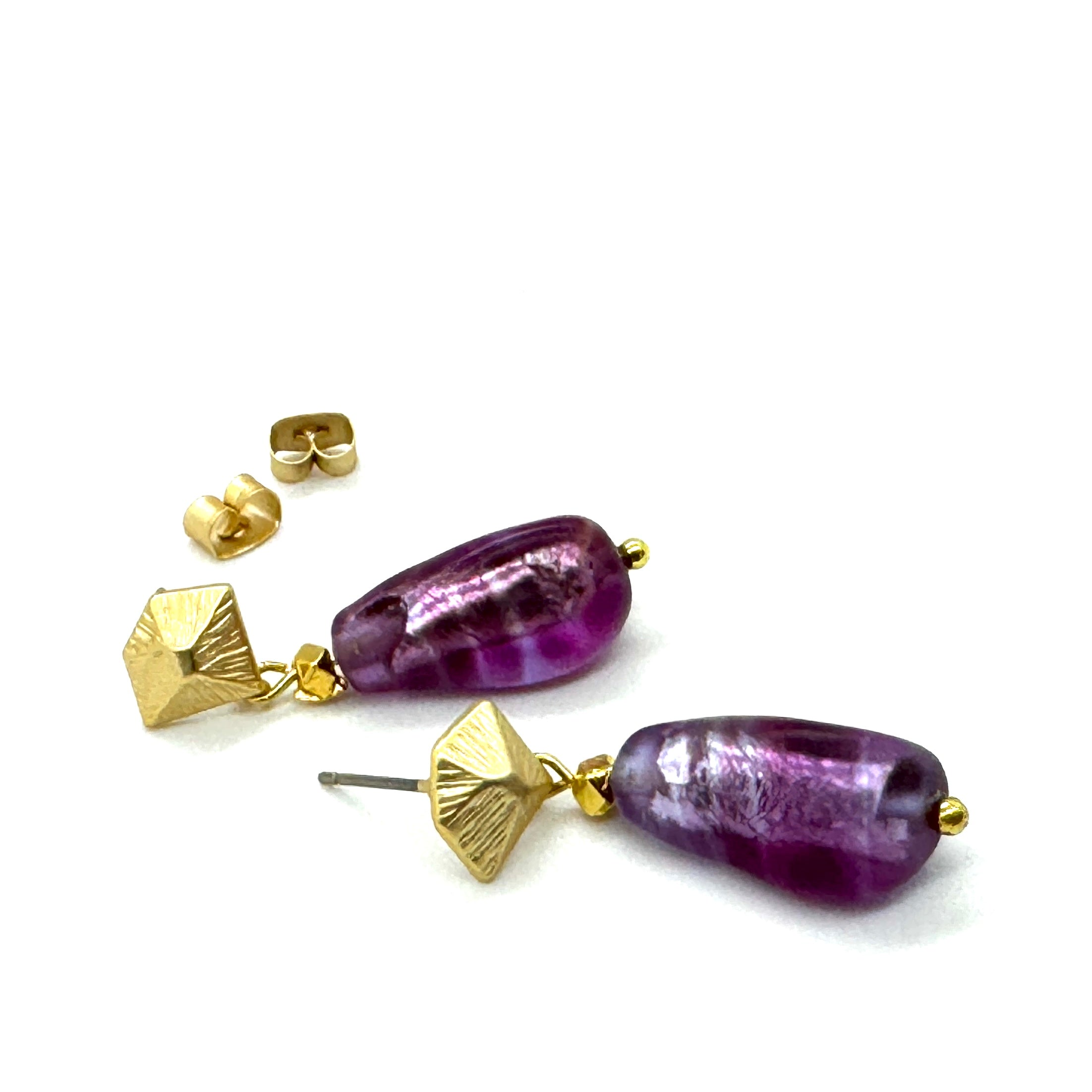 Deep Fuschia &amp; Faceted Gold French Foil Glass Earrings