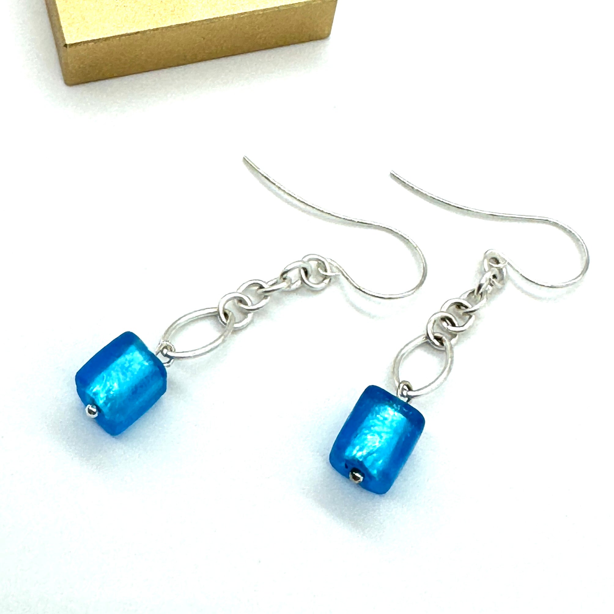 Silver Girl Blue French Foil Glass Chain Earrings