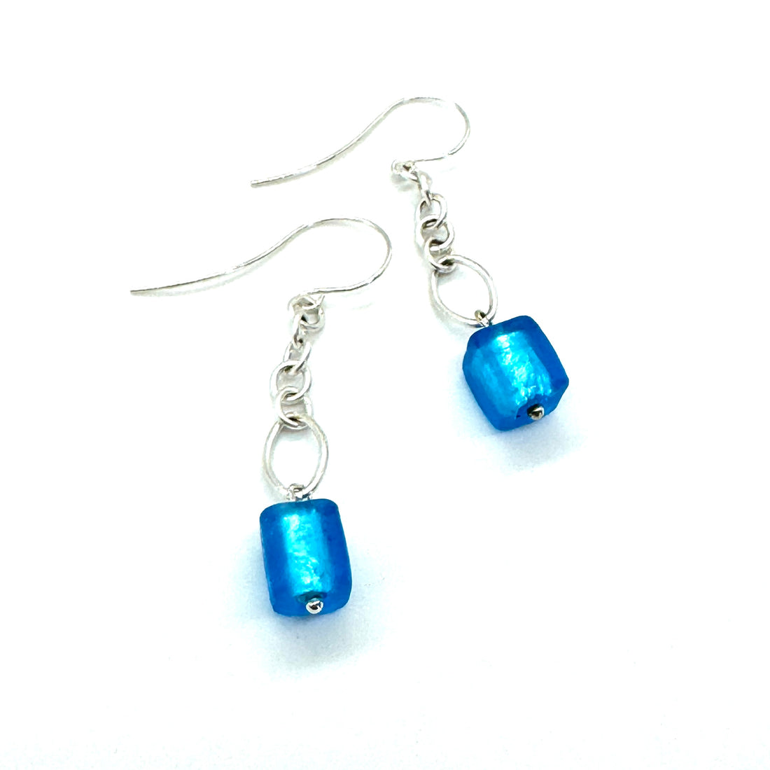 Silver Girl Blue French Foil Glass Chain Earrings