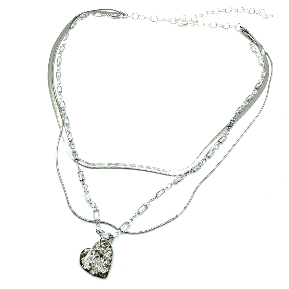 Silver Sculpted Heart 3 Tier Necklace