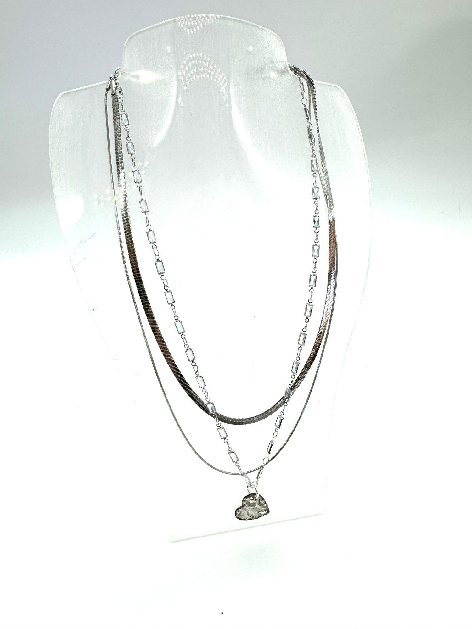 Silver Sculpted Heart 3 Tier Necklace