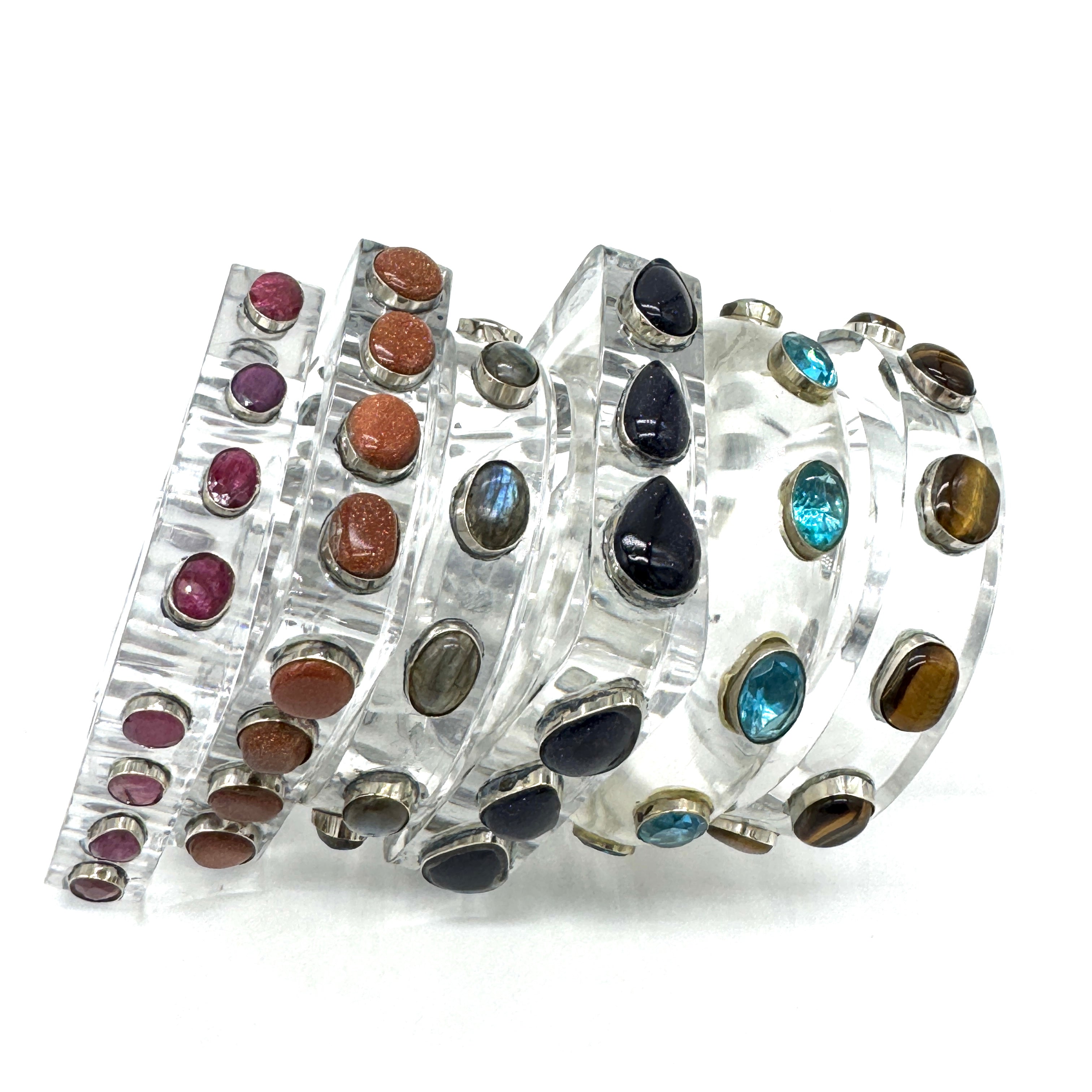 Blue Goldstone &amp; Square Clear Lucite &amp; Gemstone Bangle Bracelet