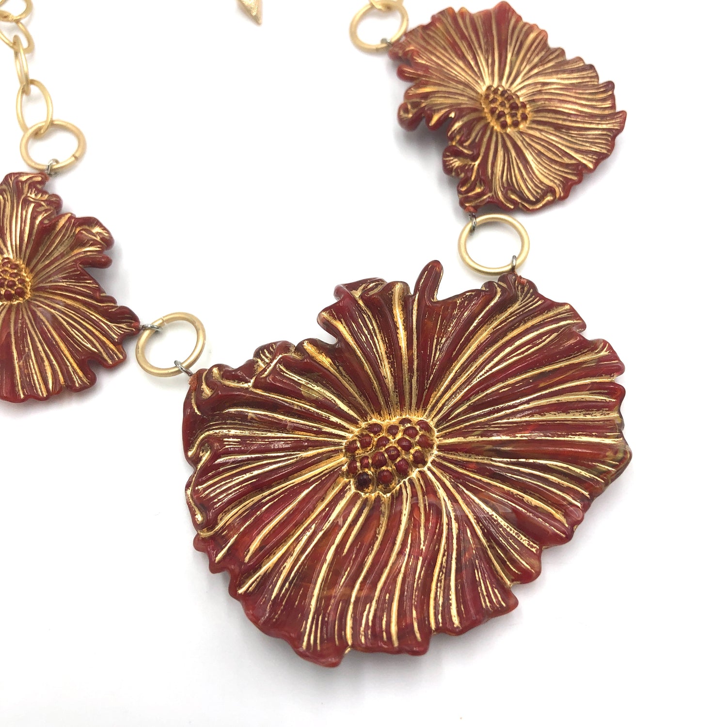Gilded Red Cosmos Triple Flower Necklace