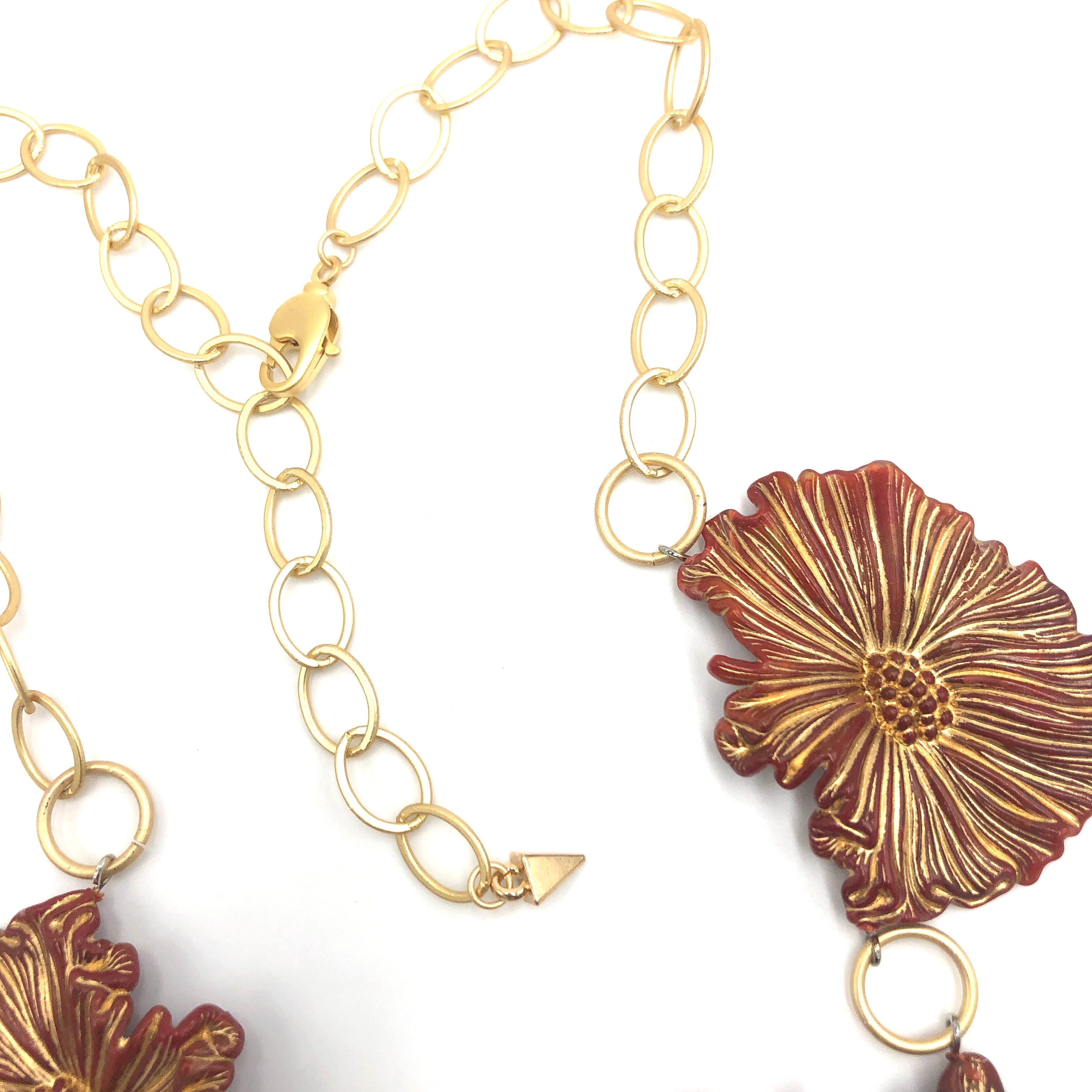 Gilded Red Cosmos Triple Flower Necklace