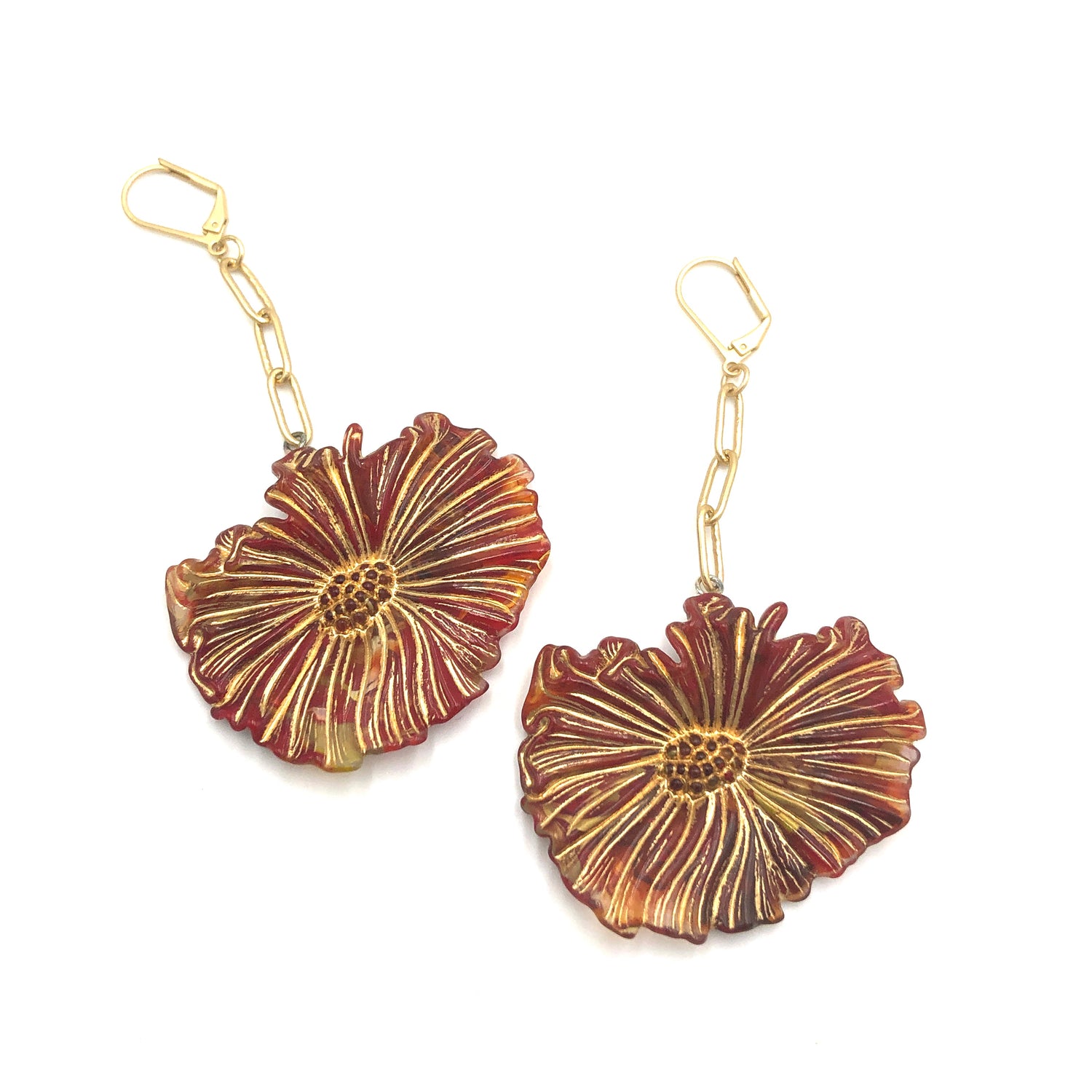 Red &amp; Gold Cosmos Chain Drop Earrings