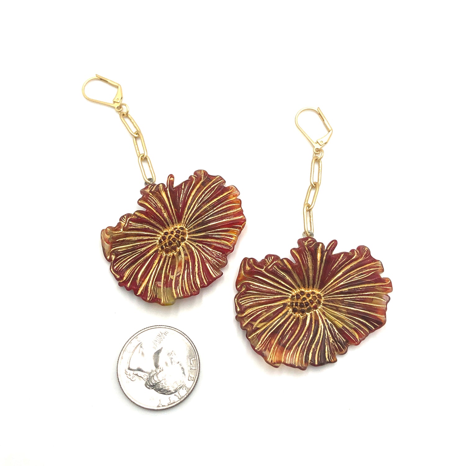 Red &amp; Gold Cosmos Chain Drop Earrings