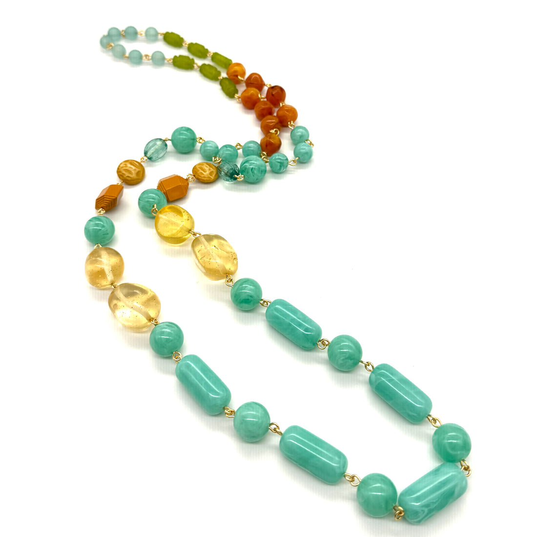 Mint Teal &amp; Amber Rosary-chained Rope Necklace