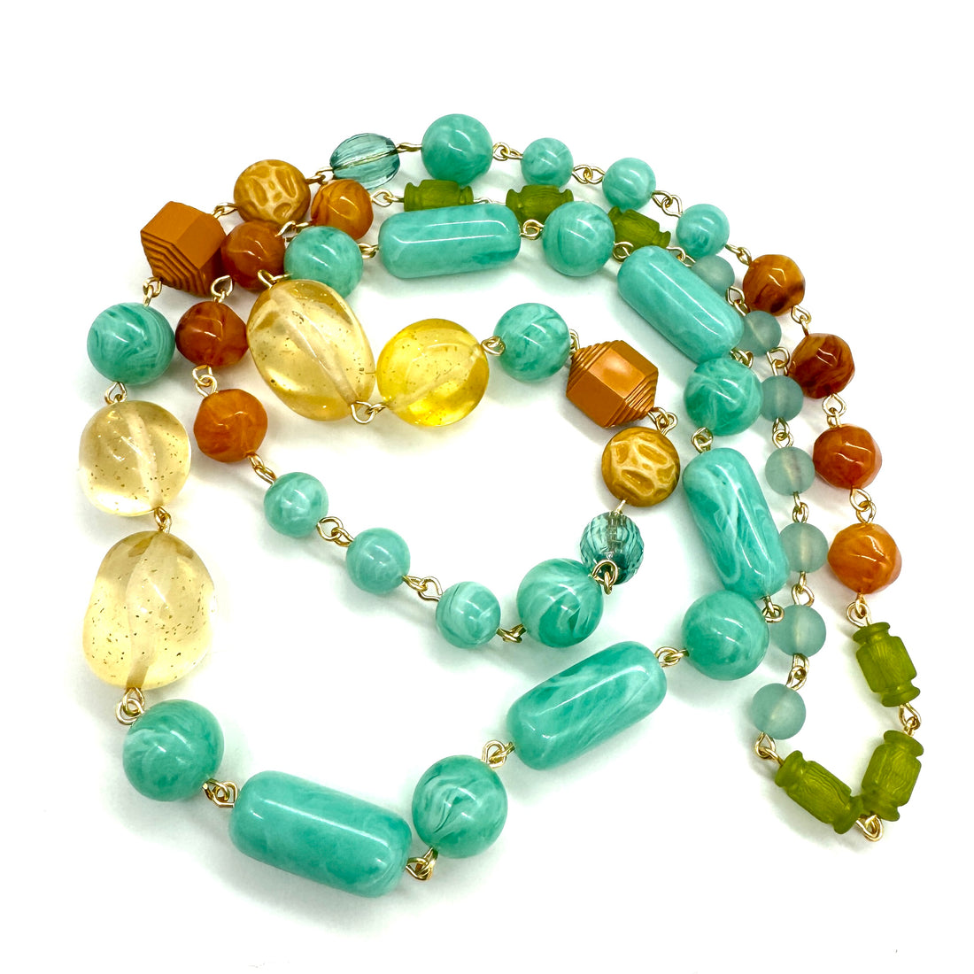 Mint Teal &amp; Amber Rosary-chained Rope Necklace