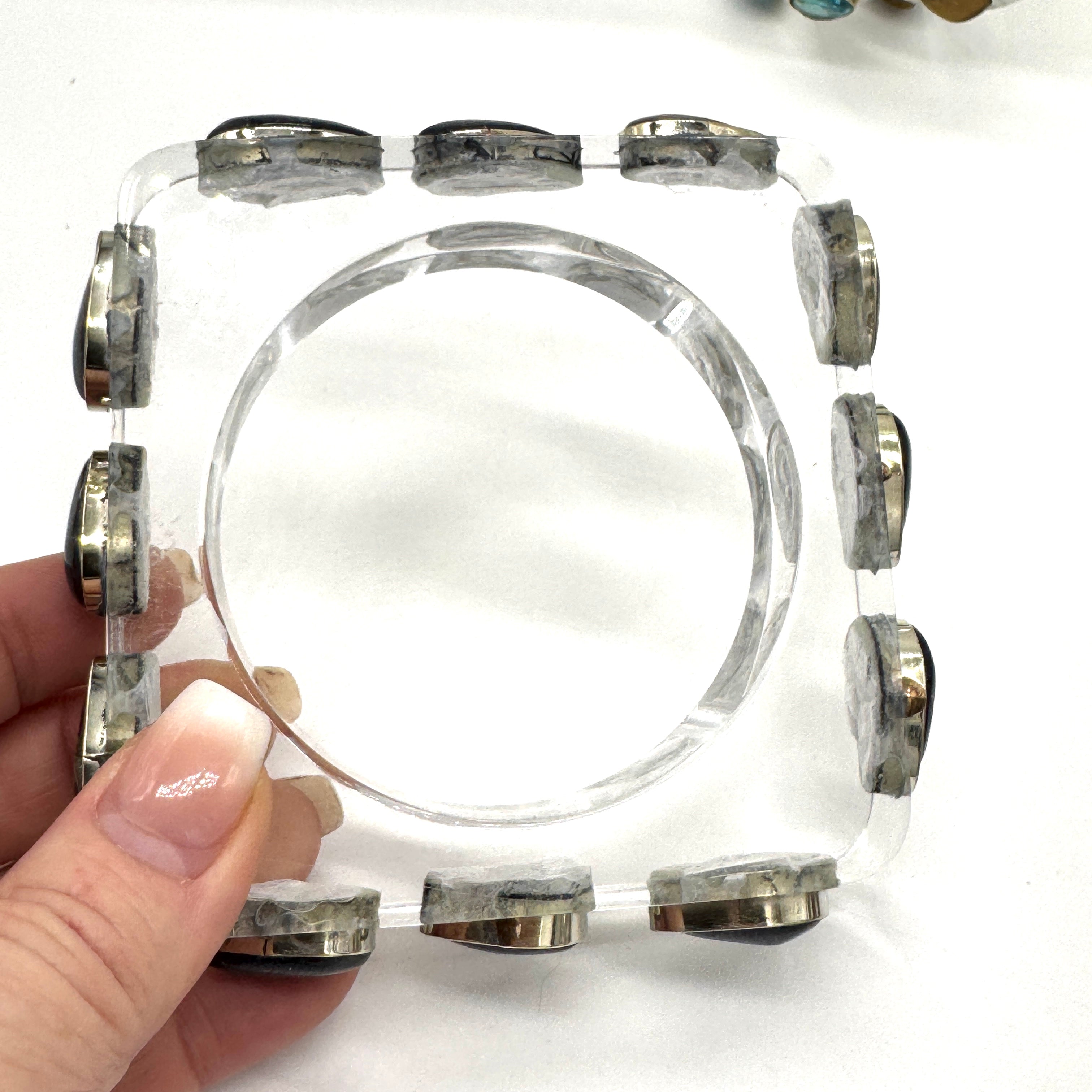 Blue Goldstone &amp; Square Clear Lucite &amp; Gemstone Bangle Bracelet