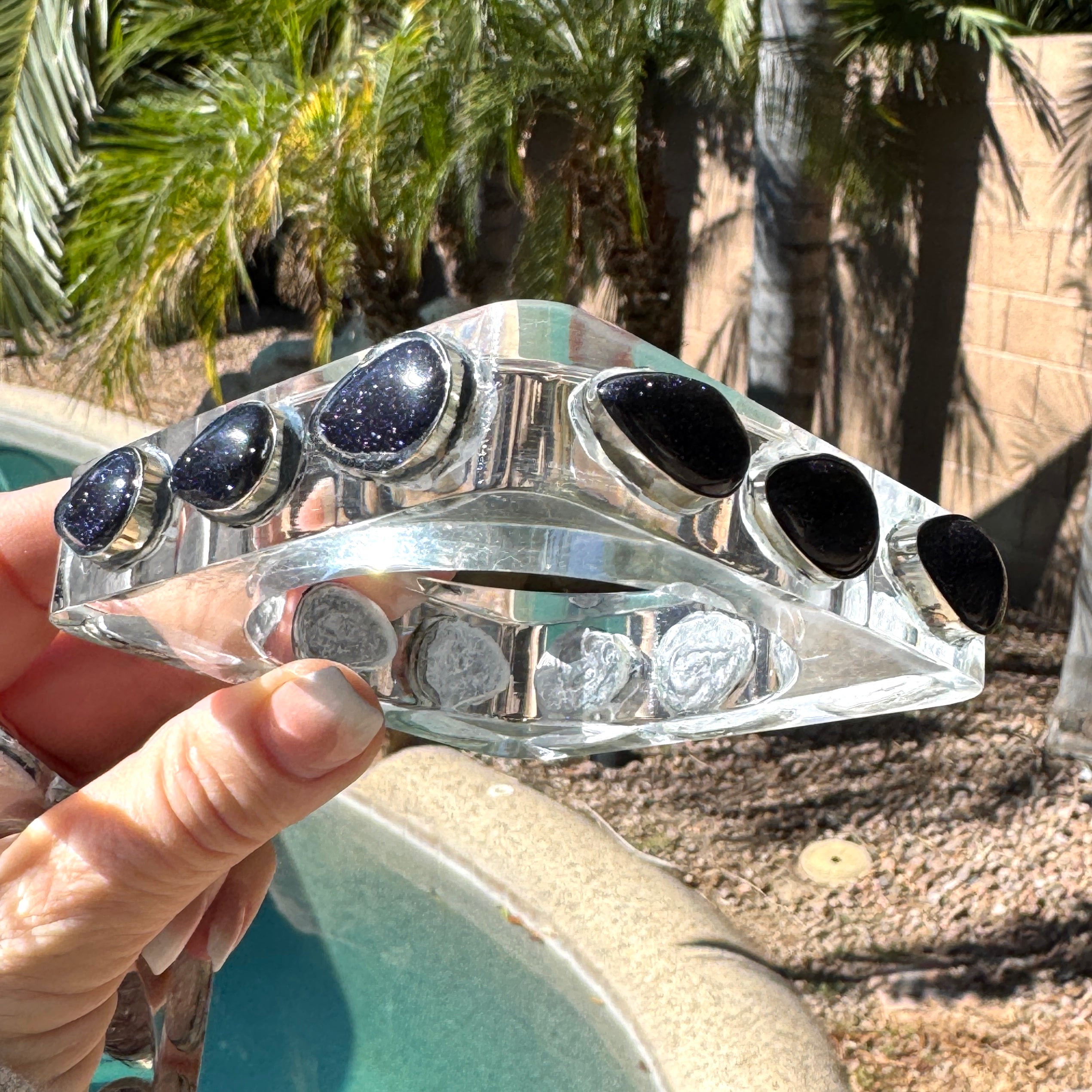 Blue Goldstone &amp; Square Clear Lucite &amp; Gemstone Bangle Bracelet