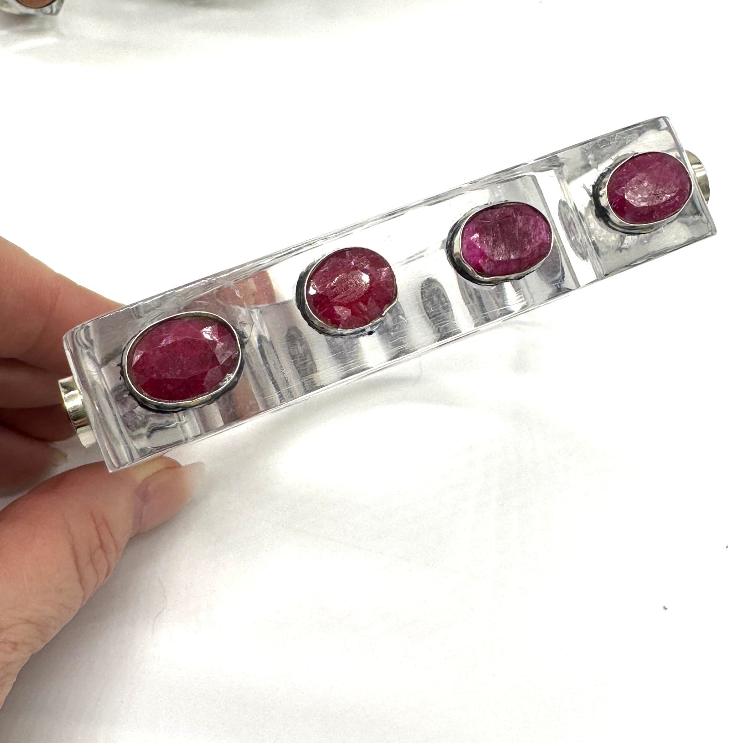 Pink Tourmaline &amp; Square Clear Lucite &amp; Gemstone Bangle Bracelet