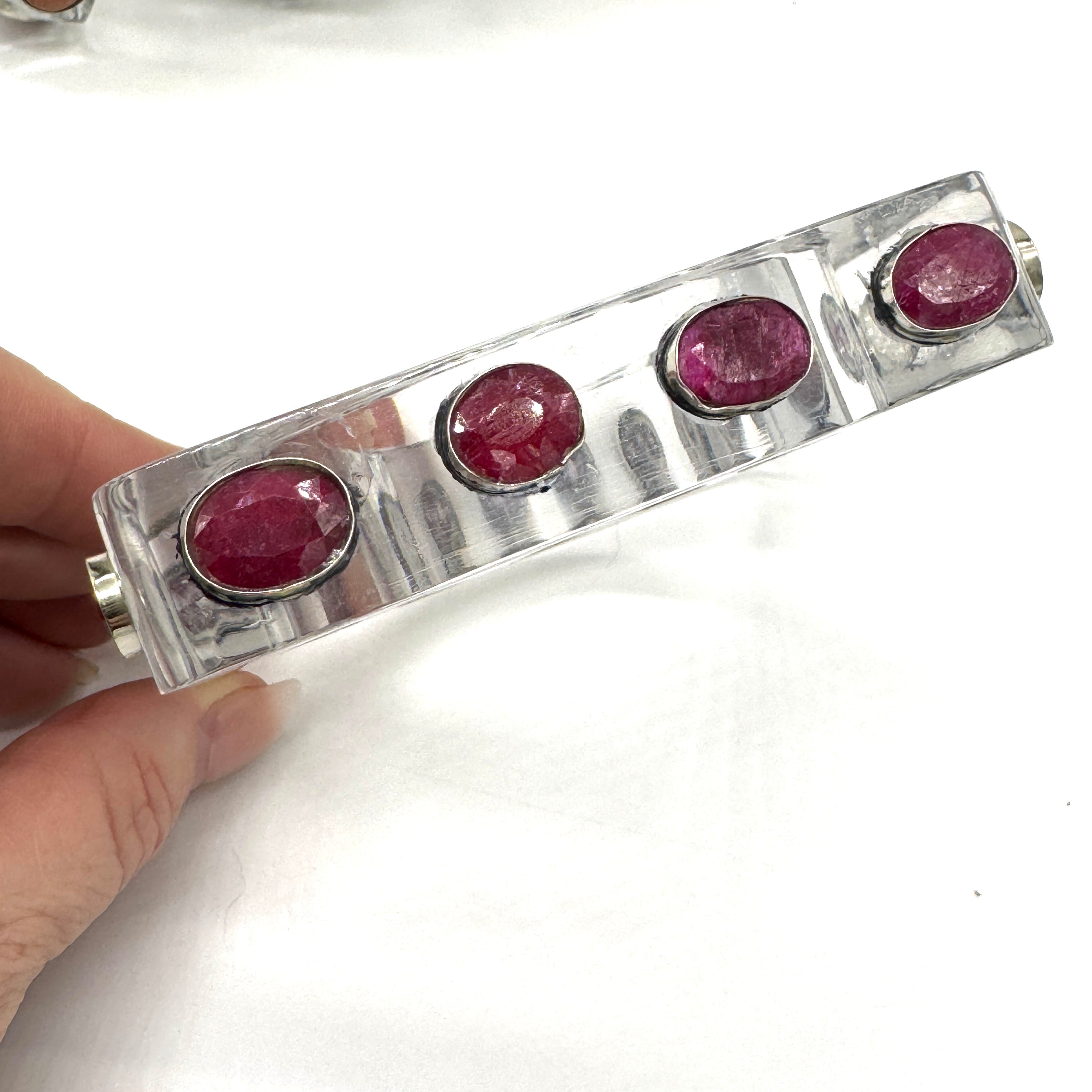 Pink Tourmaline &amp; Square Clear Lucite &amp; Gemstone Bangle Bracelet