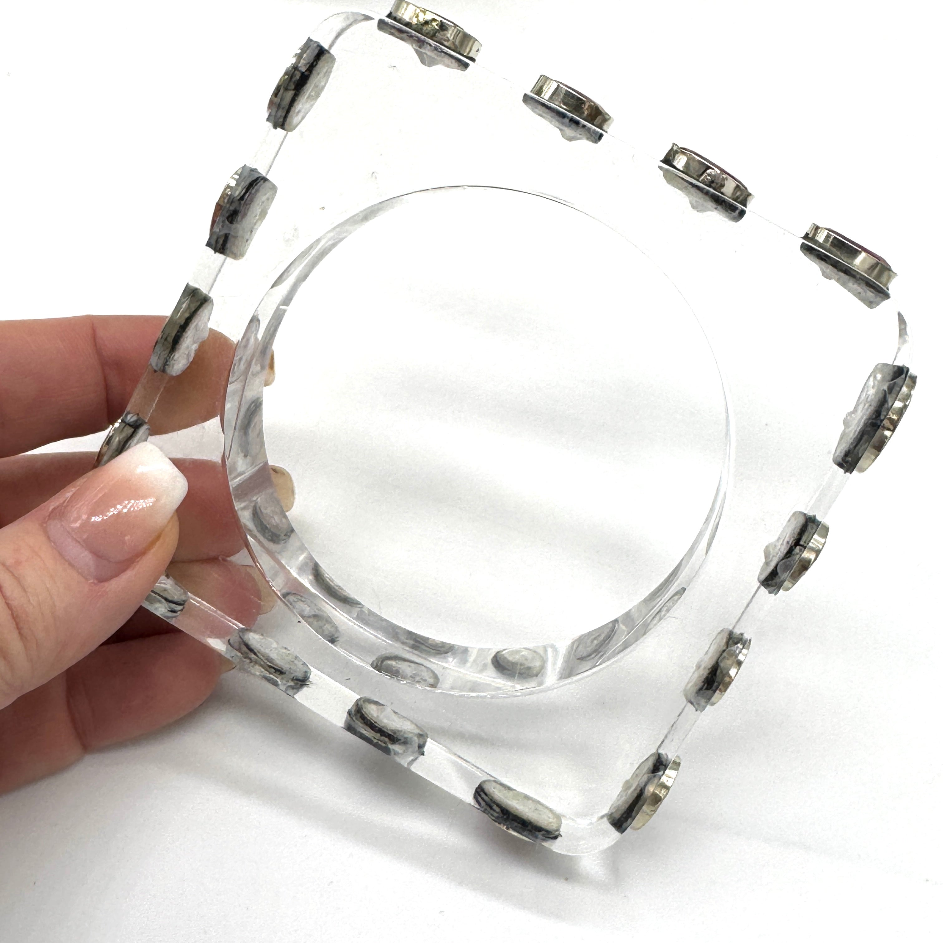 Pink Tourmaline &amp; Square Clear Lucite &amp; Gemstone Bangle Bracelet