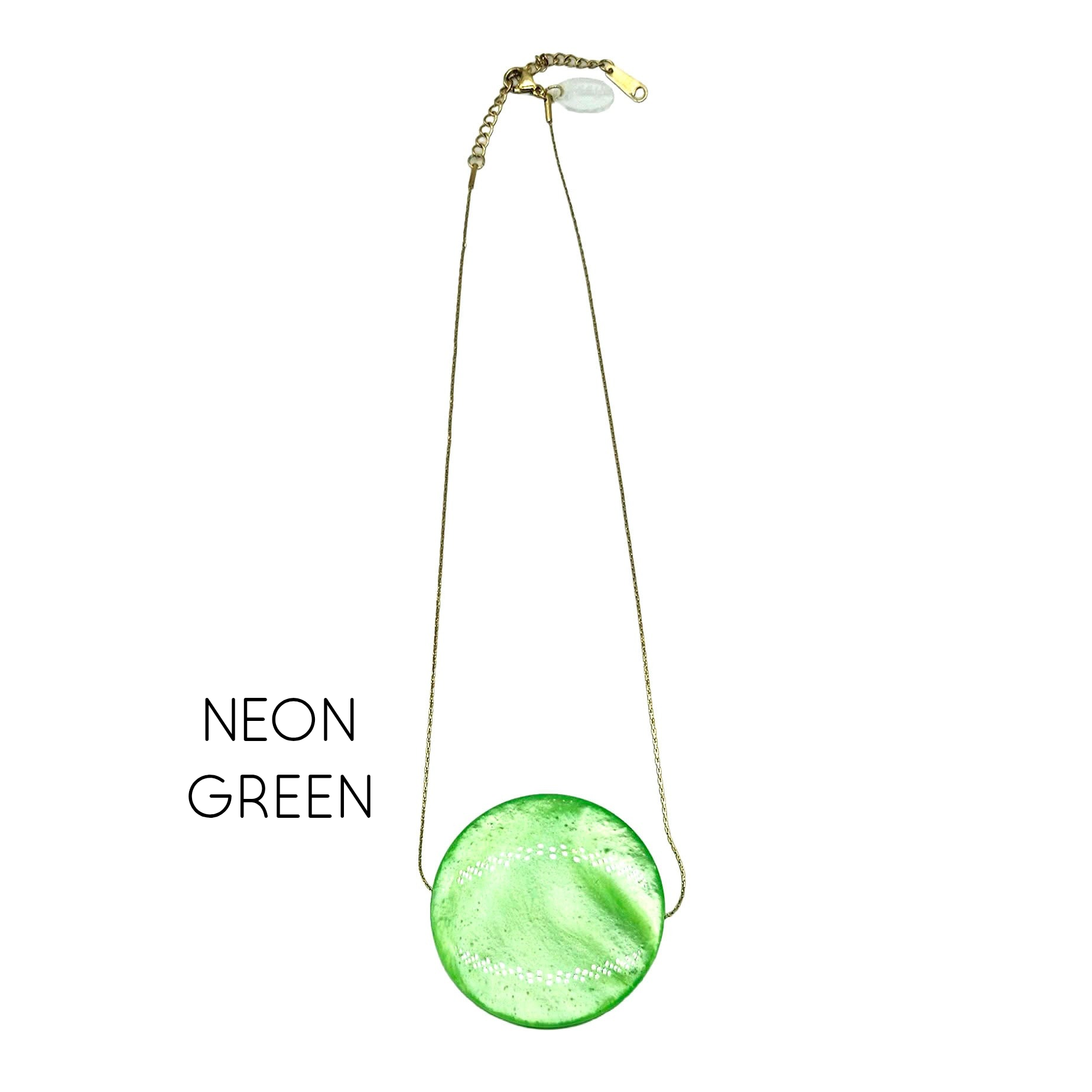 Neon green pendant necklace on a white background