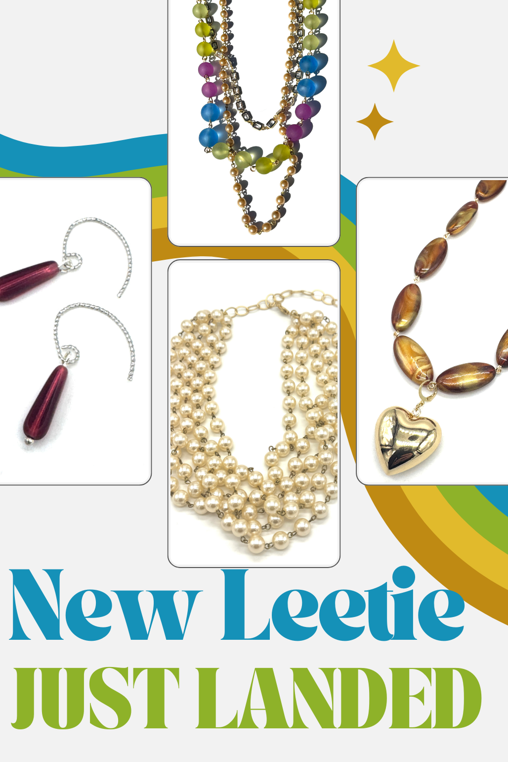Promotional image of various necklaces with text 'New Leelite Just Landed' on a colorful background.