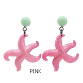 Pink starfish earrings with green beads on a white background