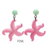 Pink starfish earrings with green beads on a white background