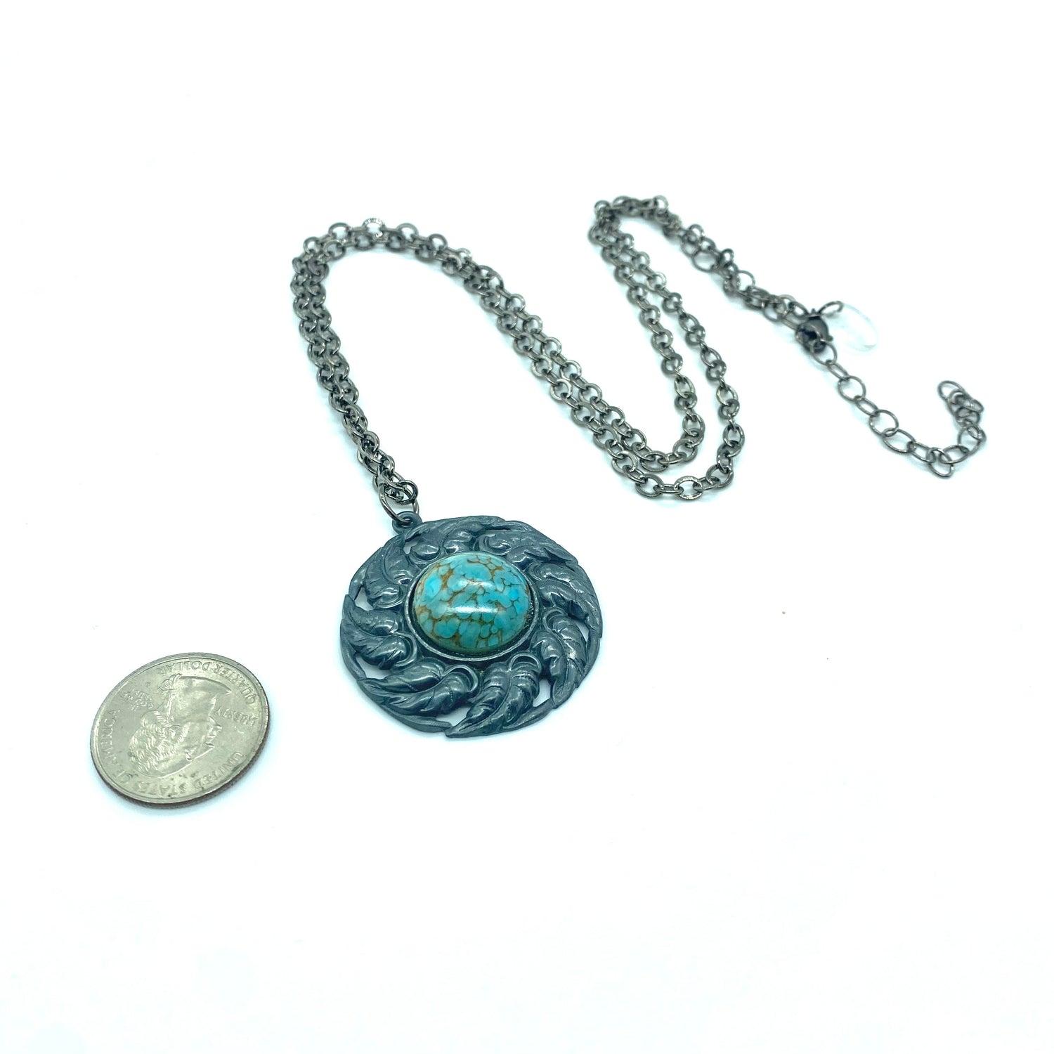 Lady Whistleton Medallion Necklace - Turquoise &amp; Gun Metal