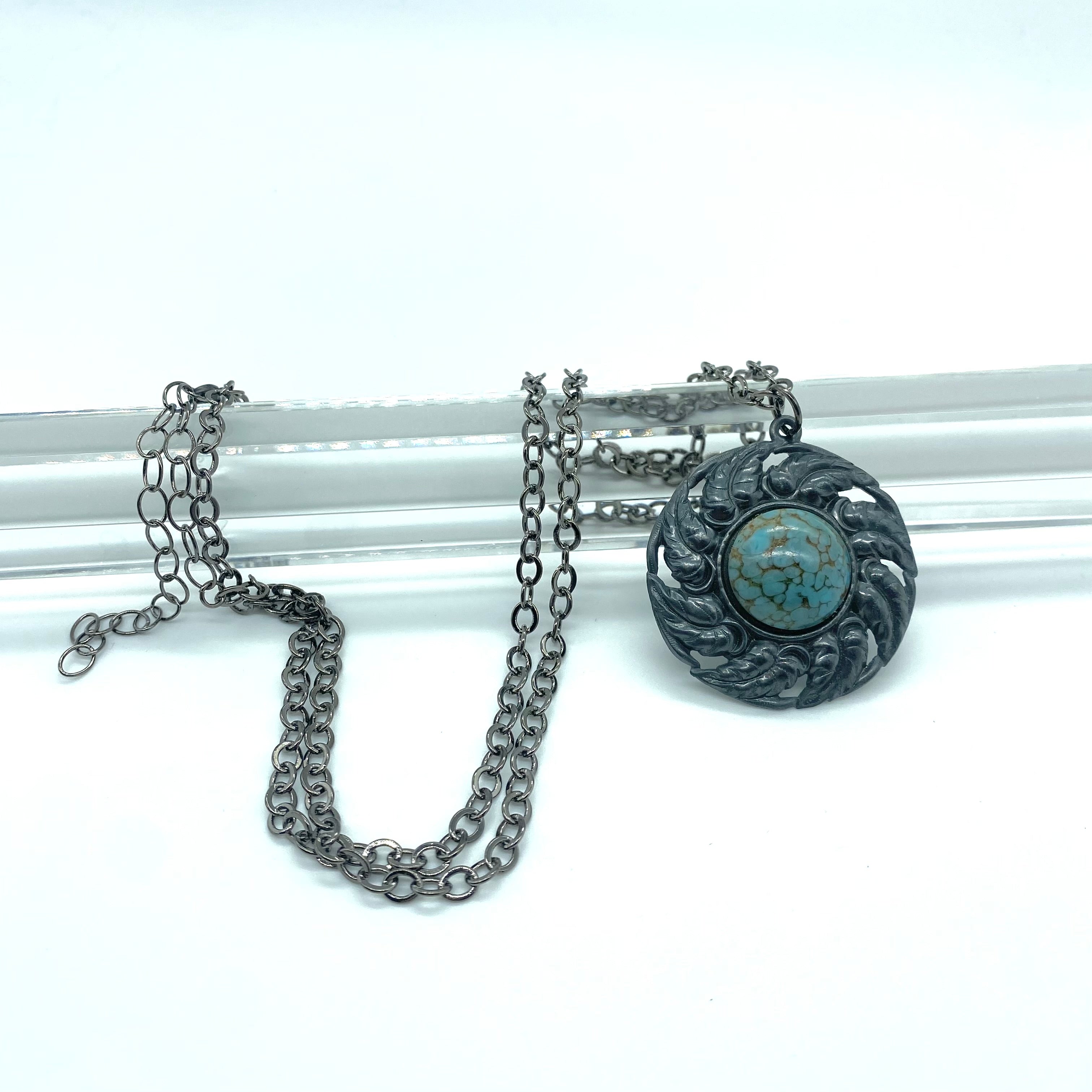 Lady Whistleton Medallion Necklace - Turquoise &amp; Gun Metal